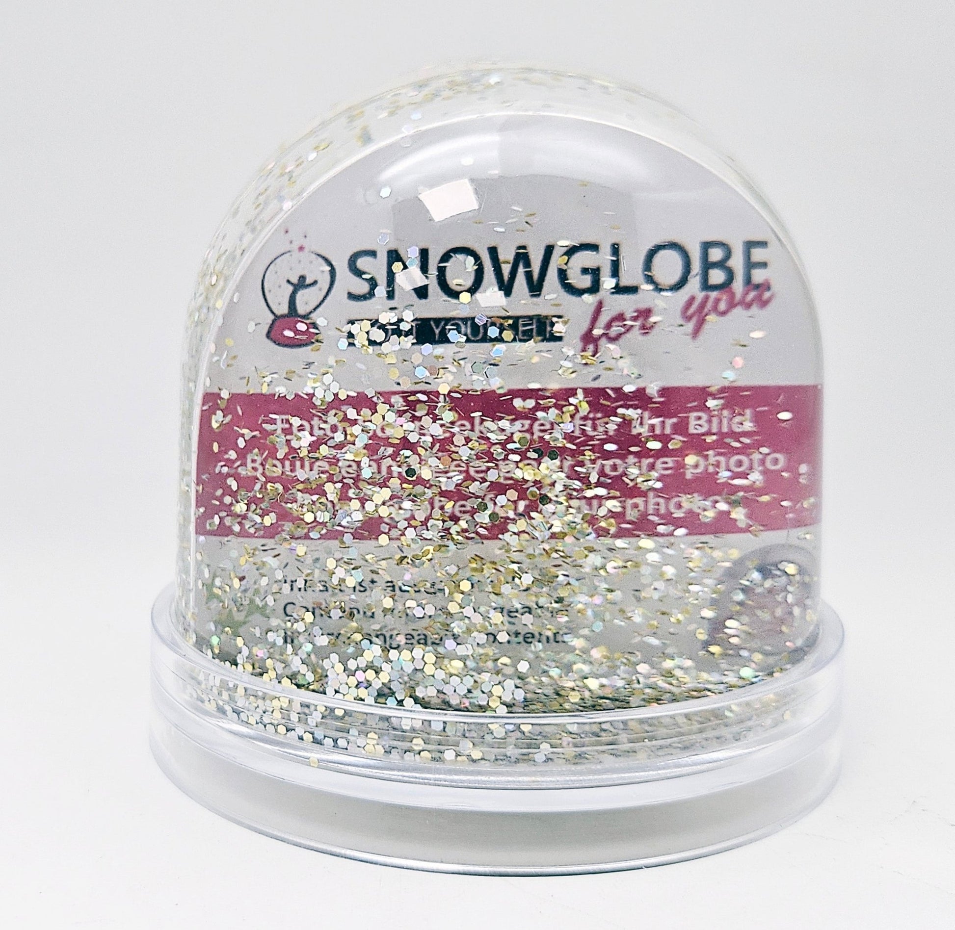 Foto-Schneekugel groß mit transparentem Sockel - silber gold Glitzer - Schneekugelhaus