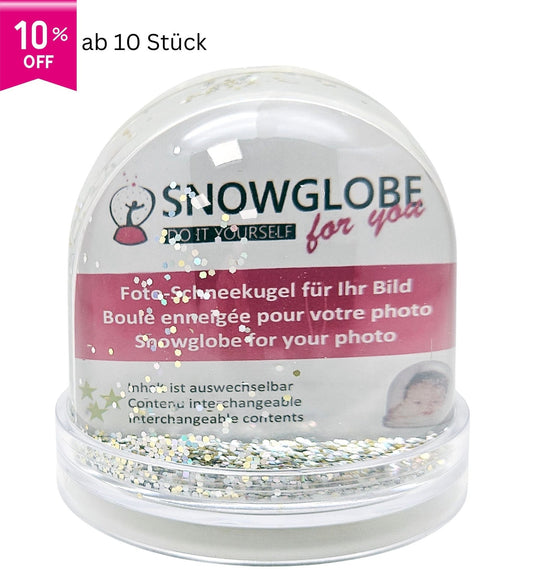 Foto - Schneekugel groß mit transparentem Sockel - silber gold Glitzer - Schneekugelhaus
