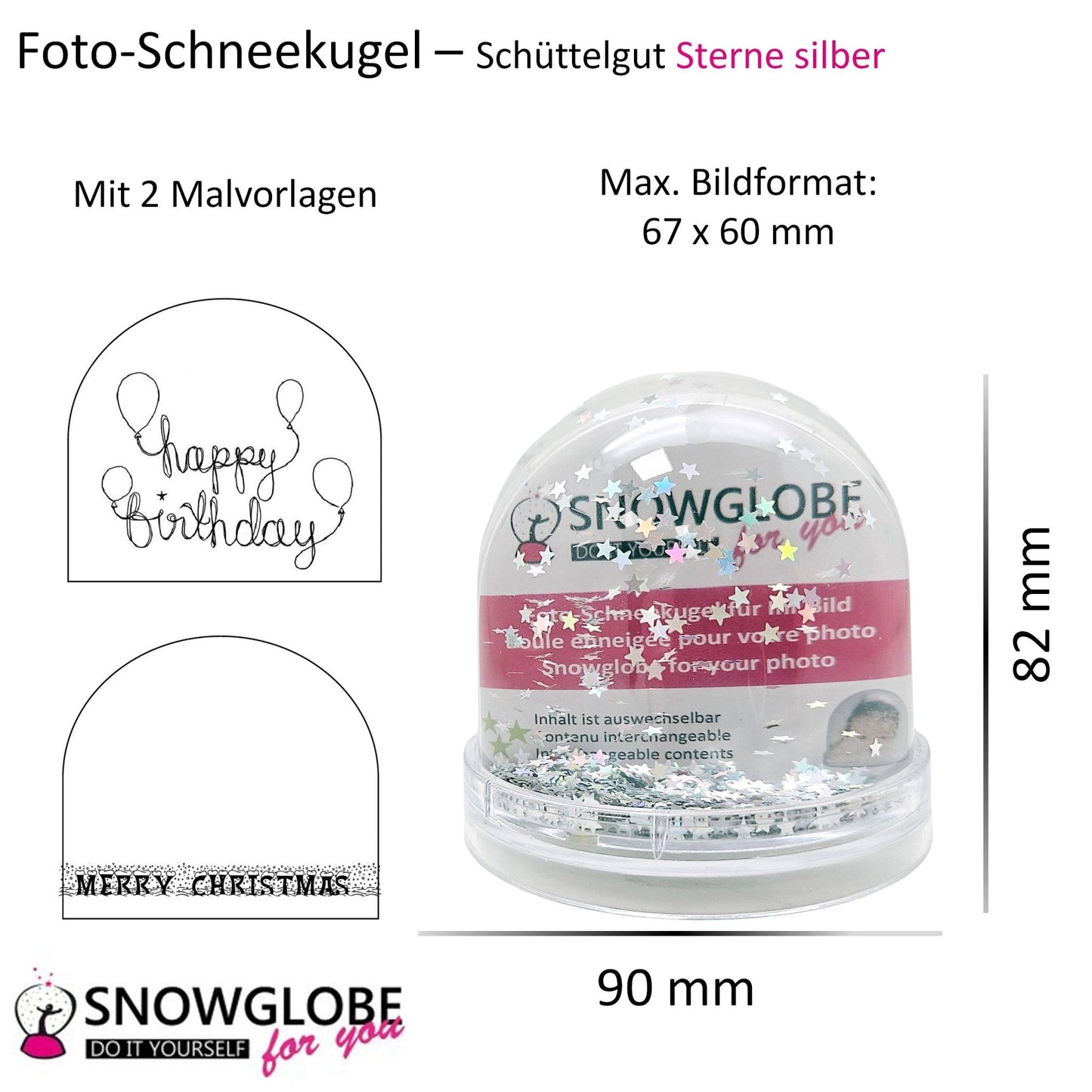 Foto-Schneekugel groß mit transparentem Sockel - silber Sterne - Schneekugelhaus