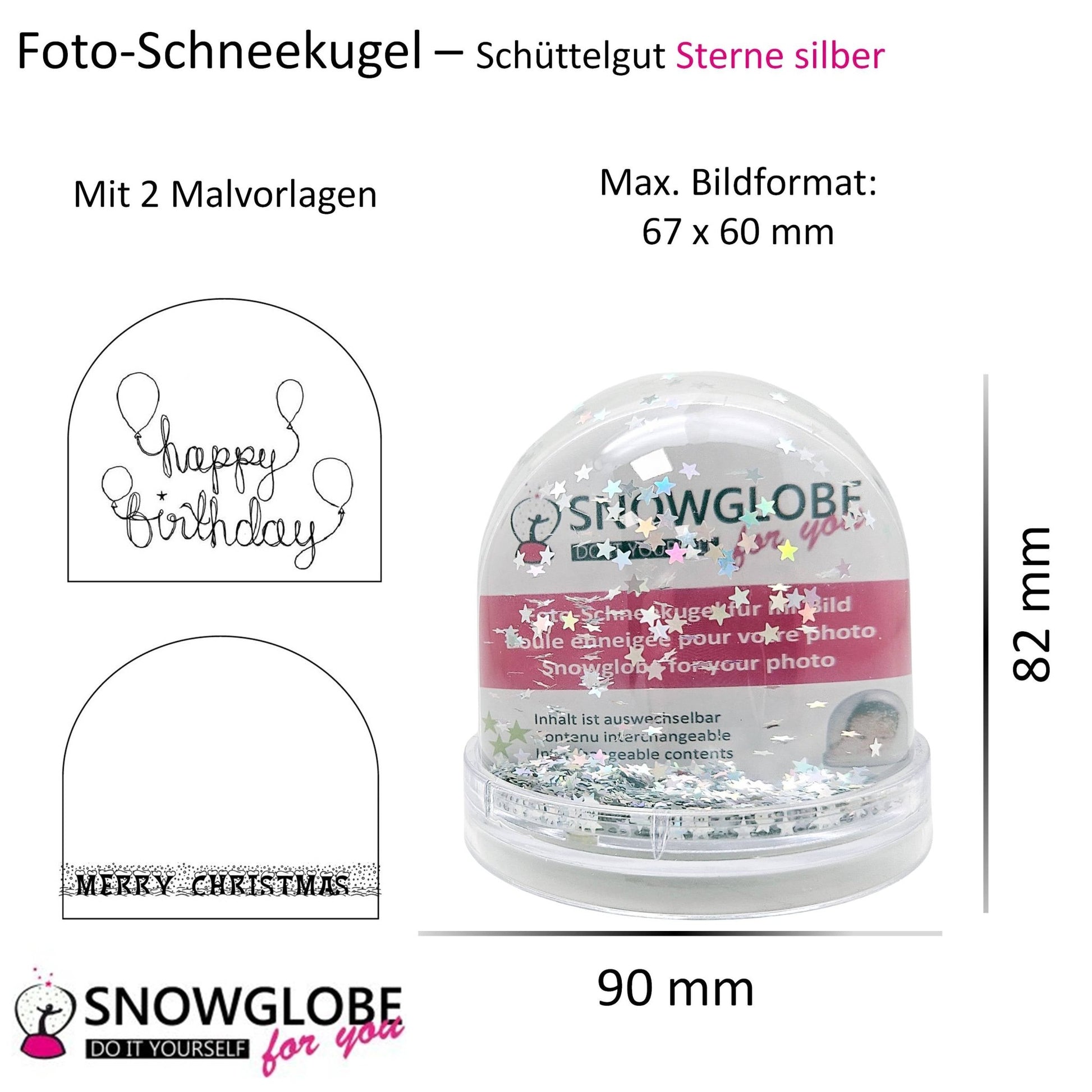 Foto-Schneekugel groß mit transparentem Sockel - silber Sterne - Schneekugelhaus