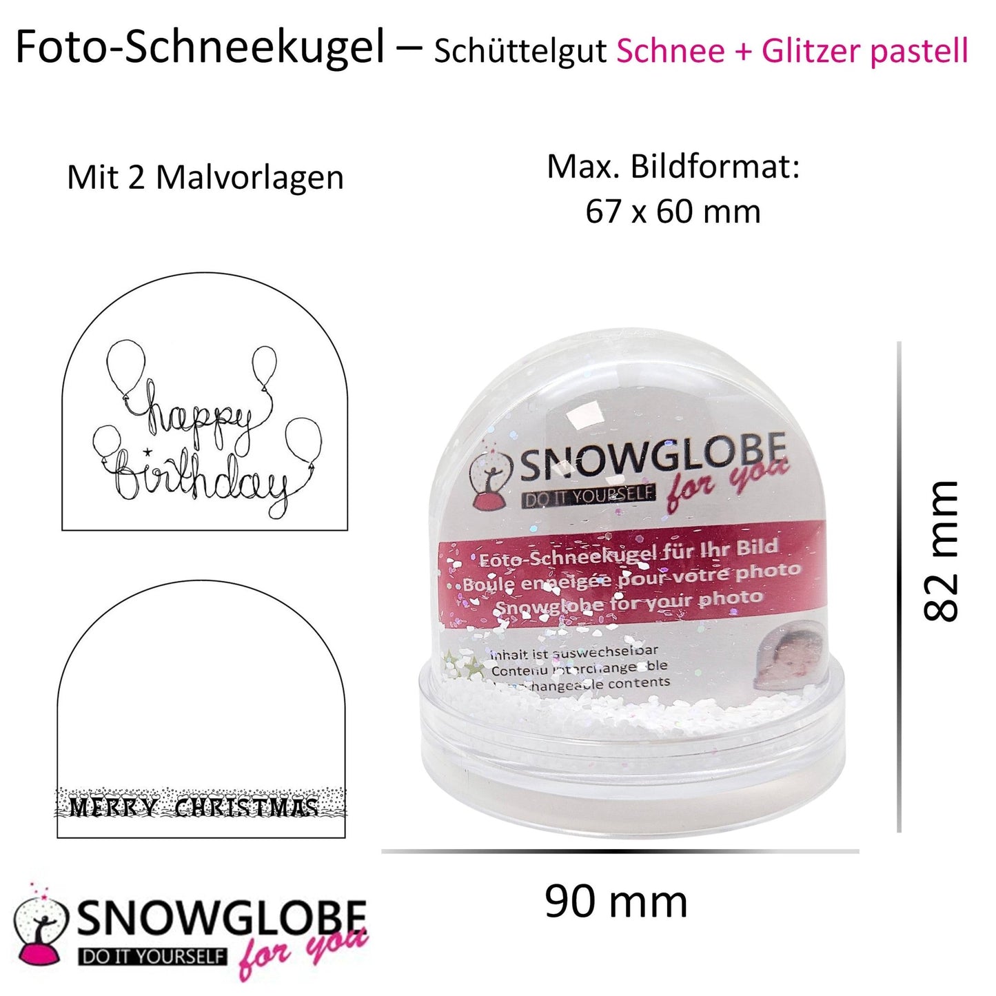 Foto-Schneekugel groß mit transparentem Sockel und Schnee und Glitzer - Schneekugelhaus