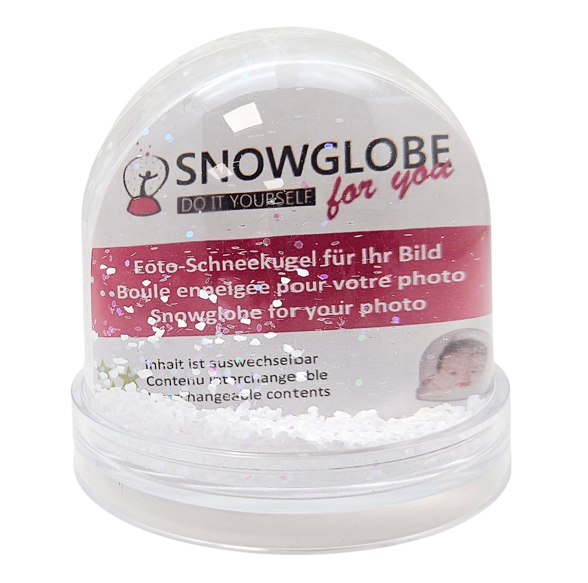 Foto-Schneekugel groß mit transparentem Sockel und Schnee und Glitzer - Schneekugelhaus
