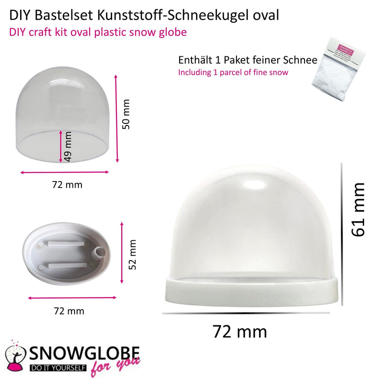 Kunststoff - Schneekugel oval weiß für FIMO 72 x 61 mm - incl. 1 x Schnee - Schneekugelhaus