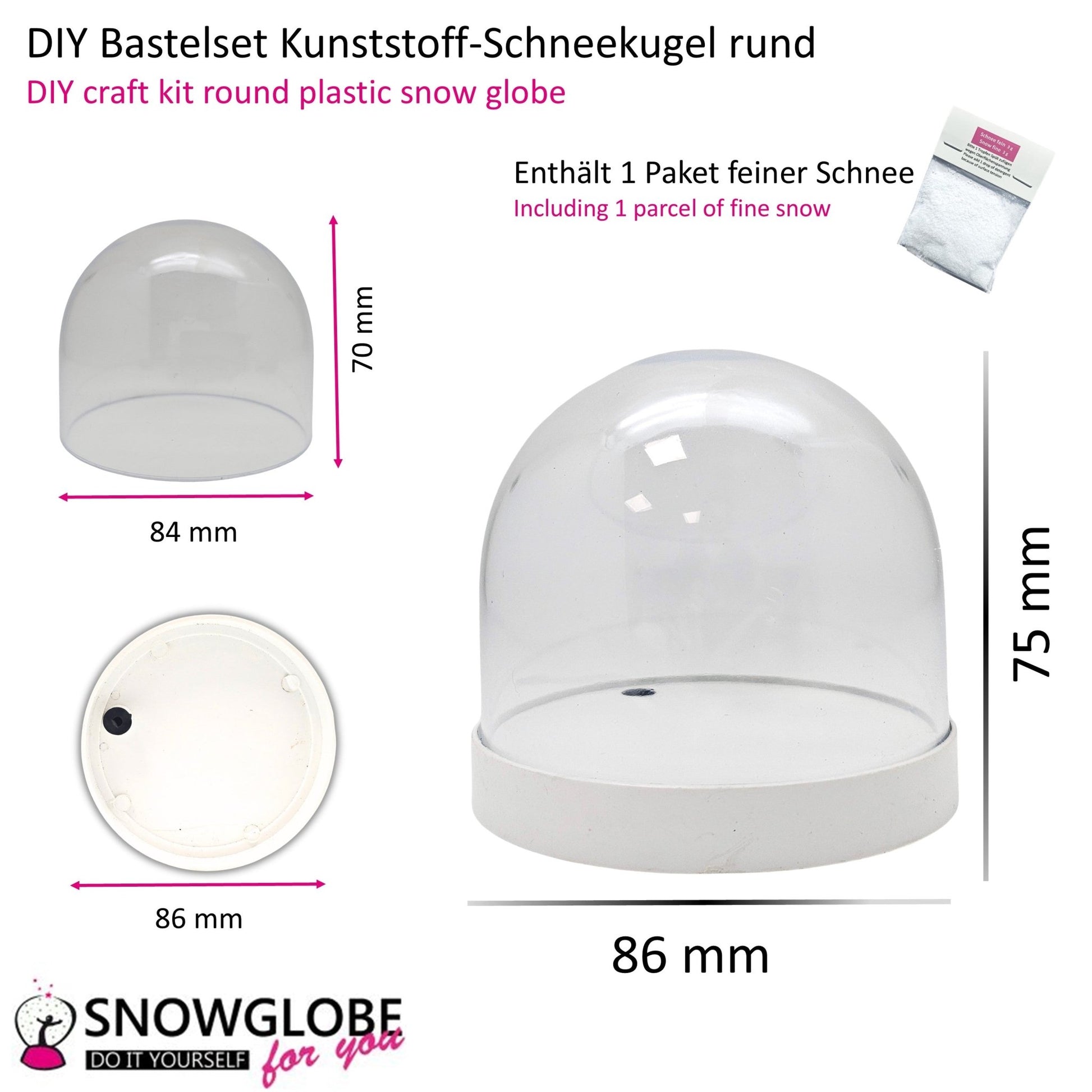 Kunststoff - Schneekugel rund weiß für FIMO 86 x 75 mm - incl. 1 x Schnee - Schneekugelhaus