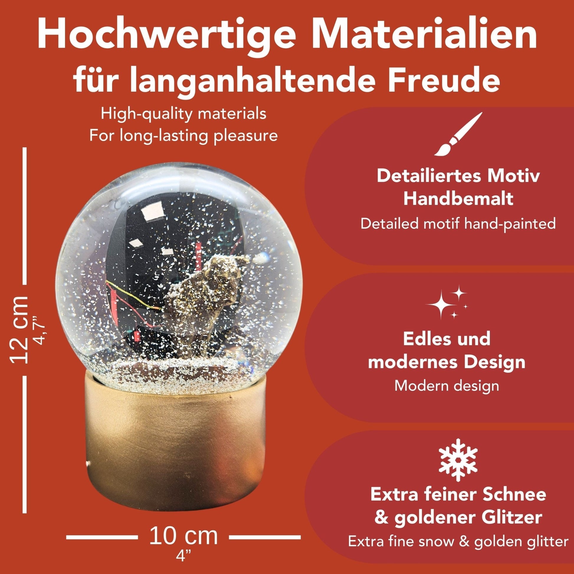 Moderne Designer Schneekugel Börse Bulle & Bär auf Sockel gold rund 100 mm Durchmesser - Schneekugelhaus