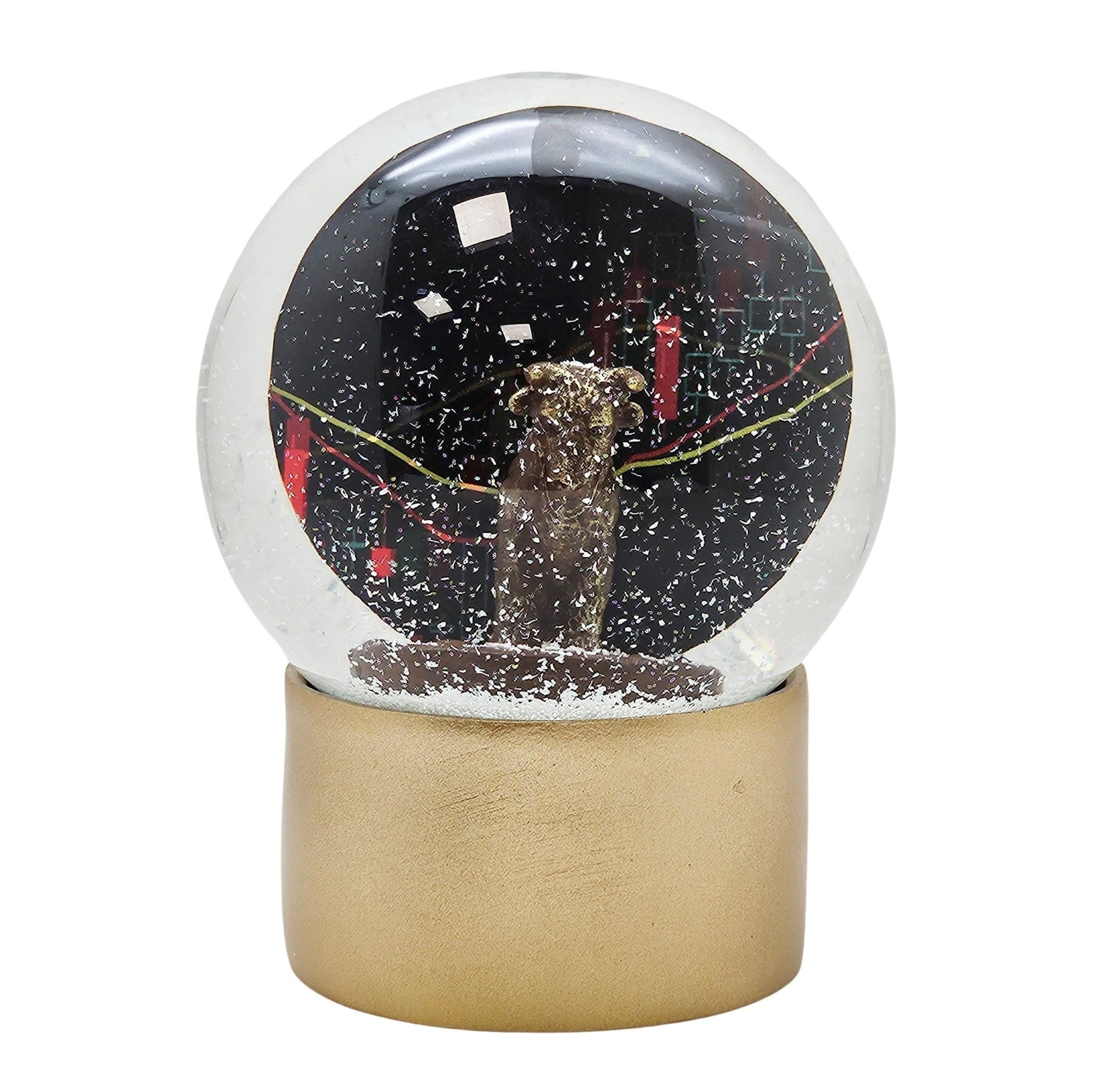 Moderne Designer Schneekugel Börse Bulle & Bär auf Sockel gold rund 100 mm Durchmesser - Schneekugelhaus