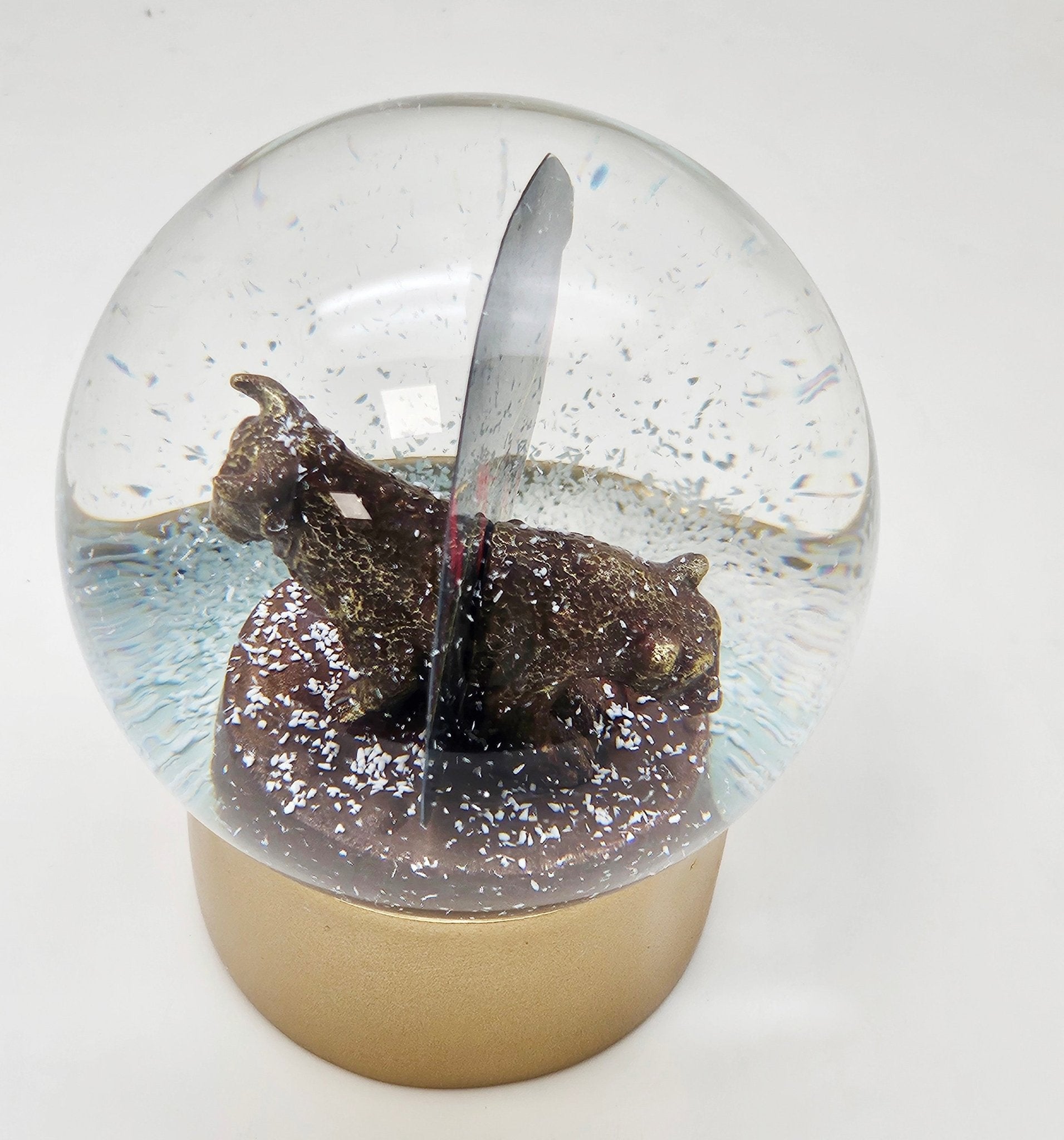 Moderne Designer Schneekugel Börse Bulle & Bär auf Sockel gold rund 100 mm Durchmesser - Schneekugelhaus