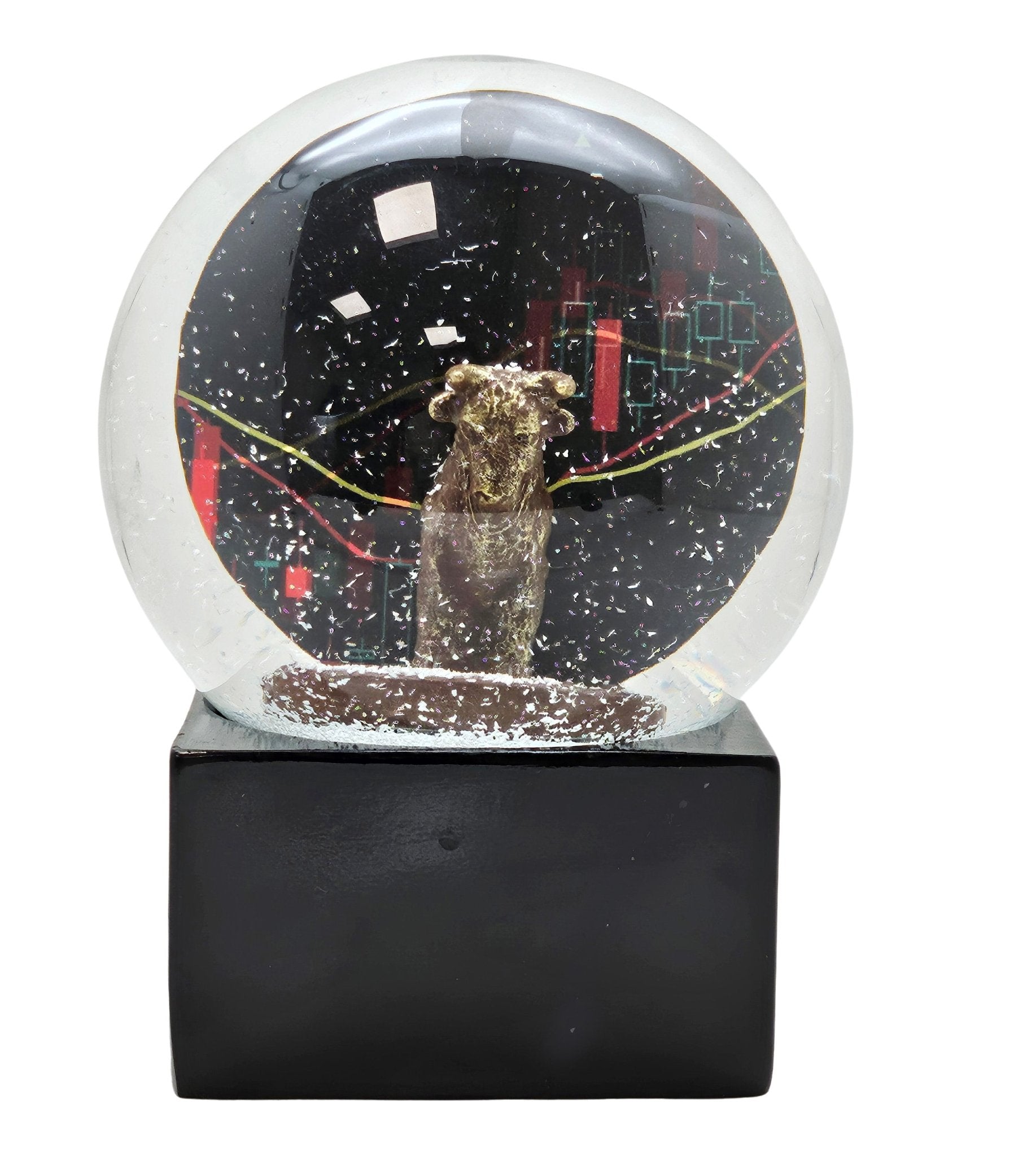 Moderne Designer Schneekugel Börse Bulle & Bär auf Sockel schwarz eck 100 mm Durchmesser - Schneekugelhaus