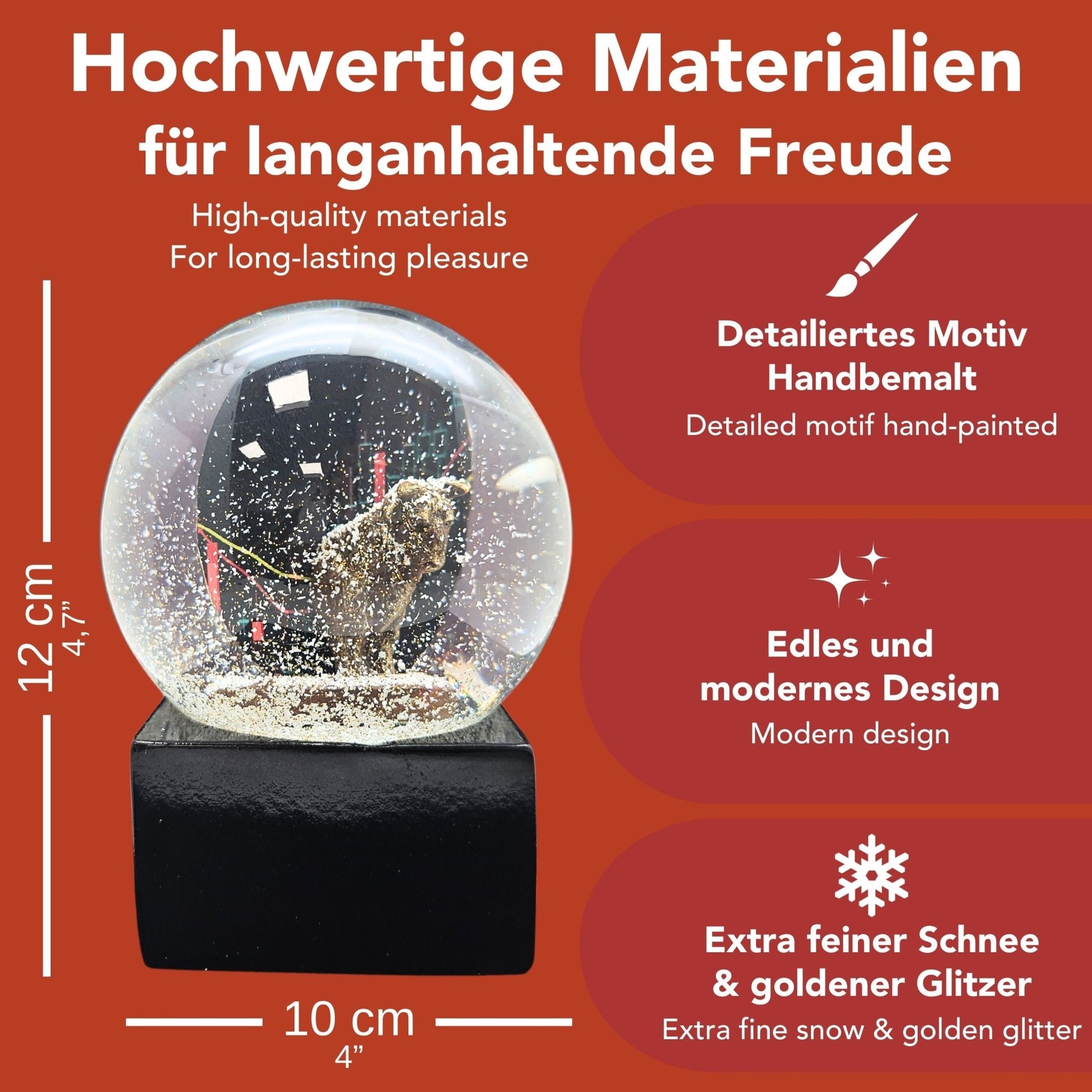 Moderne Designer Schneekugel Börse Bulle & Bär auf Sockel schwarz eck 100 mm Durchmesser - Schneekugelhaus