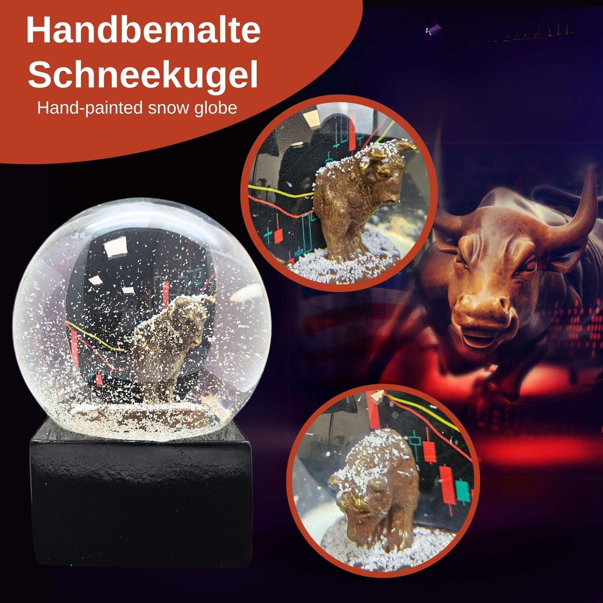 Moderne Designer Schneekugel Börse Bulle & Bär auf Sockel schwarz eck 100 mm Durchmesser - Schneekugelhaus