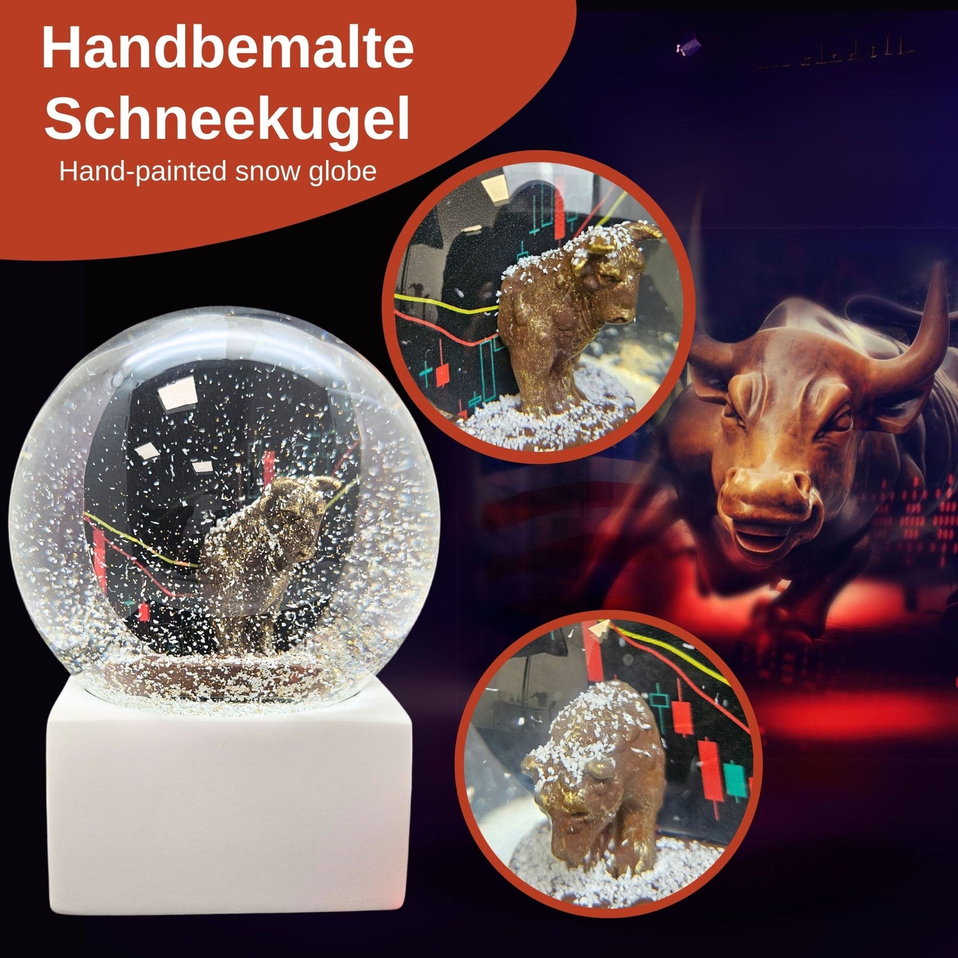 Moderne Designer Schneekugel Börse Bulle & Bär auf Sockel weiß eck 100 mm Durchmesser - Schneekugelhaus