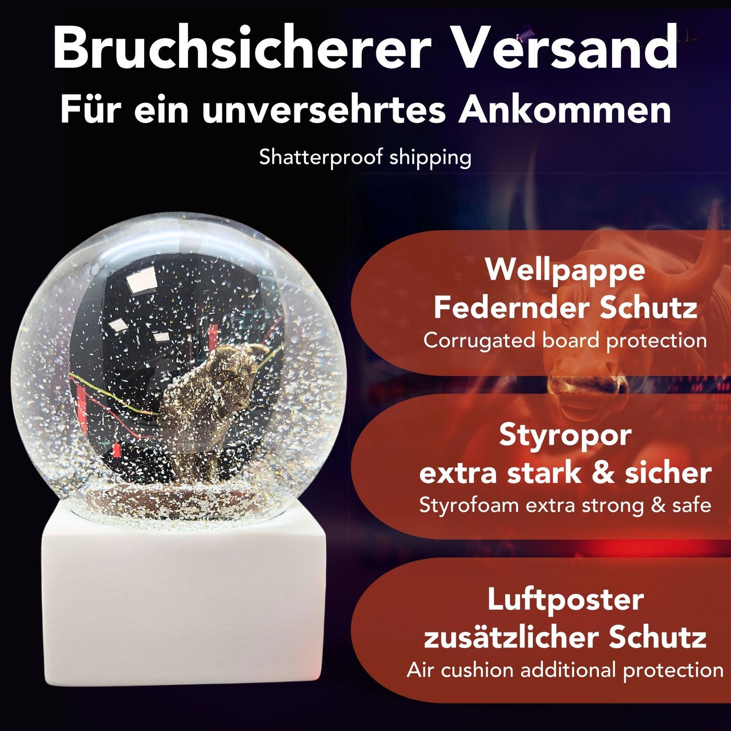Moderne Designer Schneekugel Börse Bulle & Bär auf Sockel weiß eck 100 mm Durchmesser - Schneekugelhaus
