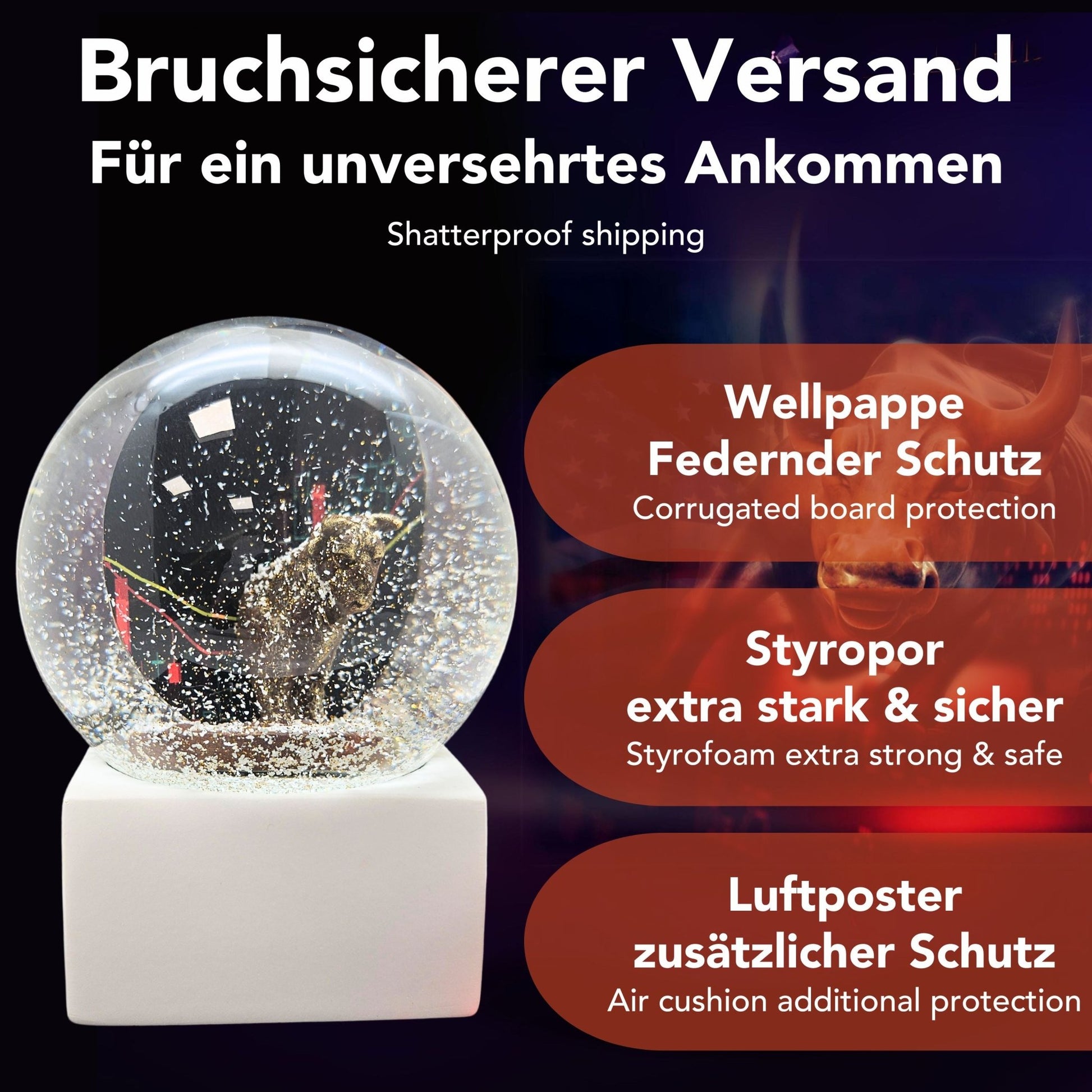 Moderne Designer Schneekugel Börse Bulle & Bär auf Sockel weiß eck 100 mm Durchmesser - Schneekugelhaus