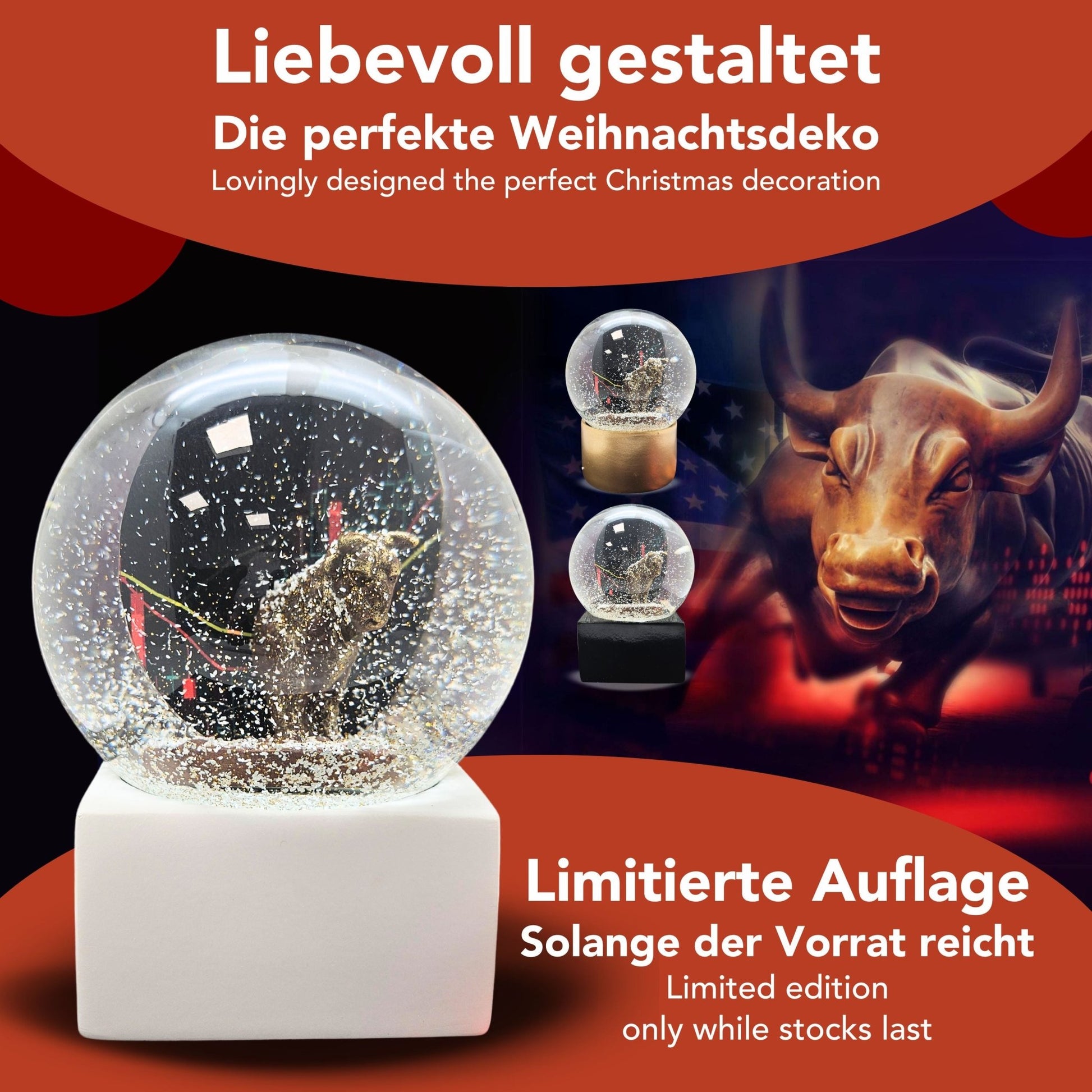 Moderne Designer Schneekugel Börse Bulle & Bär auf Sockel weiß eck 100 mm Durchmesser - Schneekugelhaus