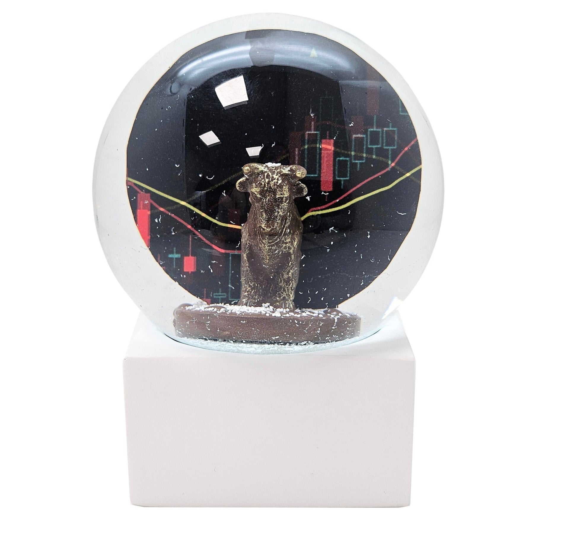 Moderne Designer Schneekugel Börse Bulle & Bär auf Sockel weiß eck 100 mm Durchmesser - Schneekugelhaus