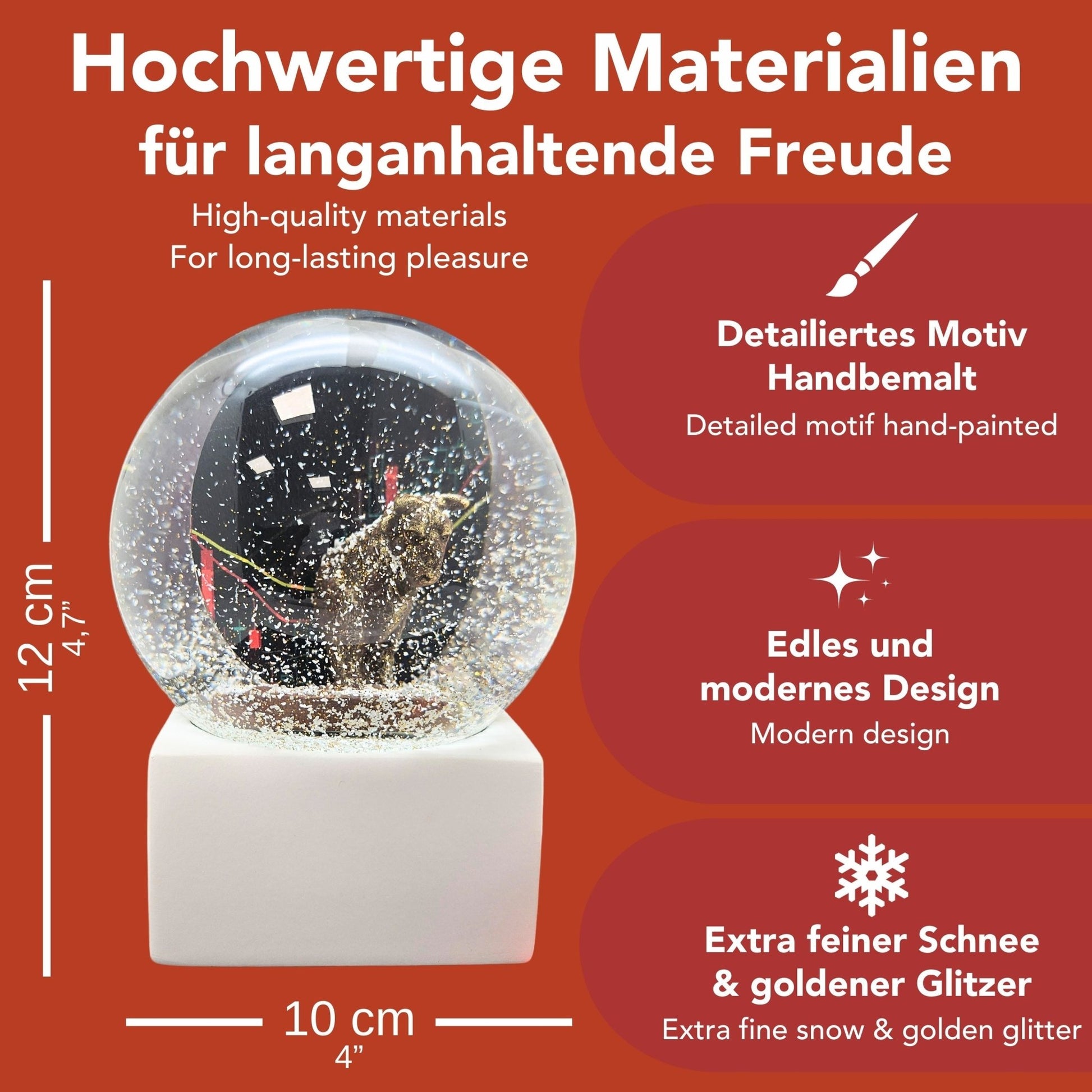 Moderne Designer Schneekugel Börse Bulle & Bär auf Sockel weiß eck 100 mm Durchmesser - Schneekugelhaus