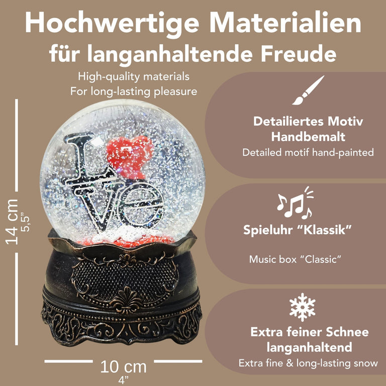 Moderne Designer Schneekugel LOVE auf Sockel Nostalgie mit Spieluhr 100 mm Durchmesser - Schneekugelhaus