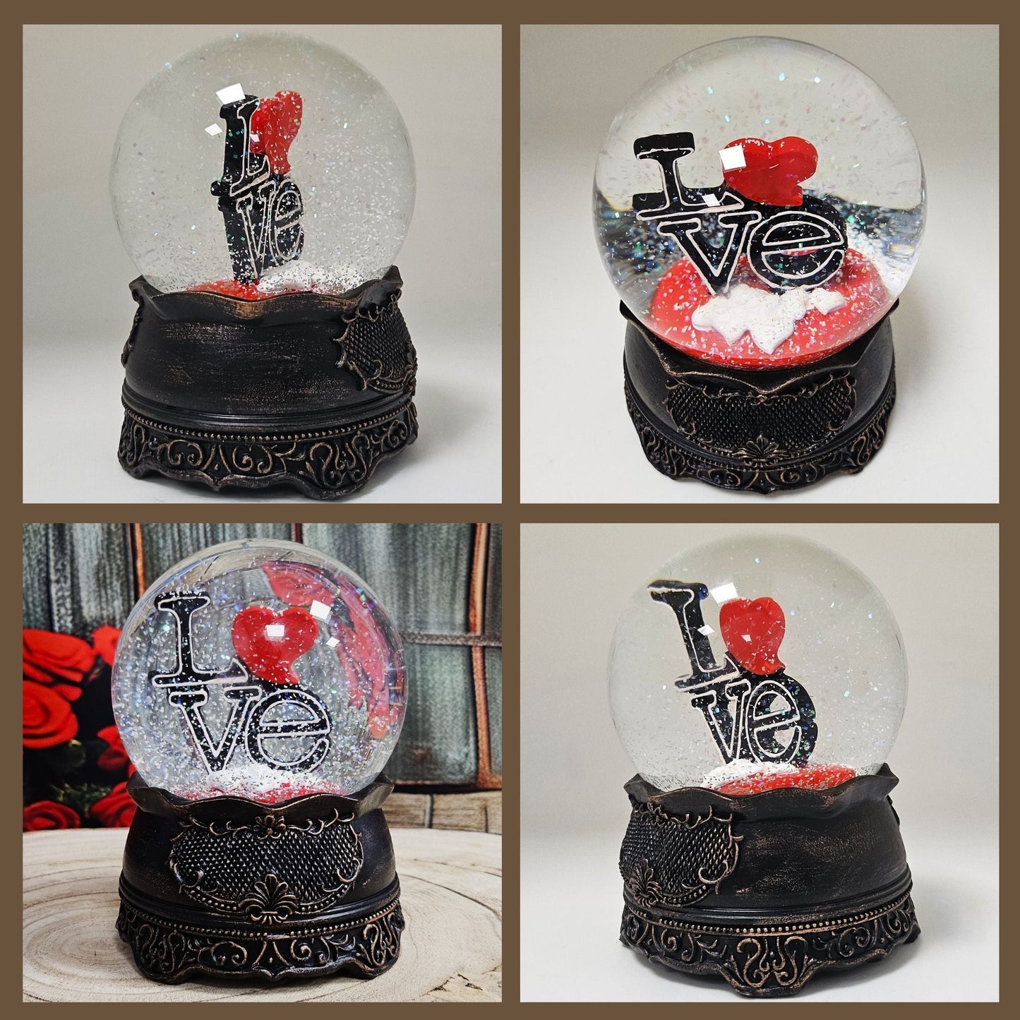 Moderne Designer Schneekugel LOVE auf Sockel Nostalgie mit Spieluhr 100 mm Durchmesser - Schneekugelhaus