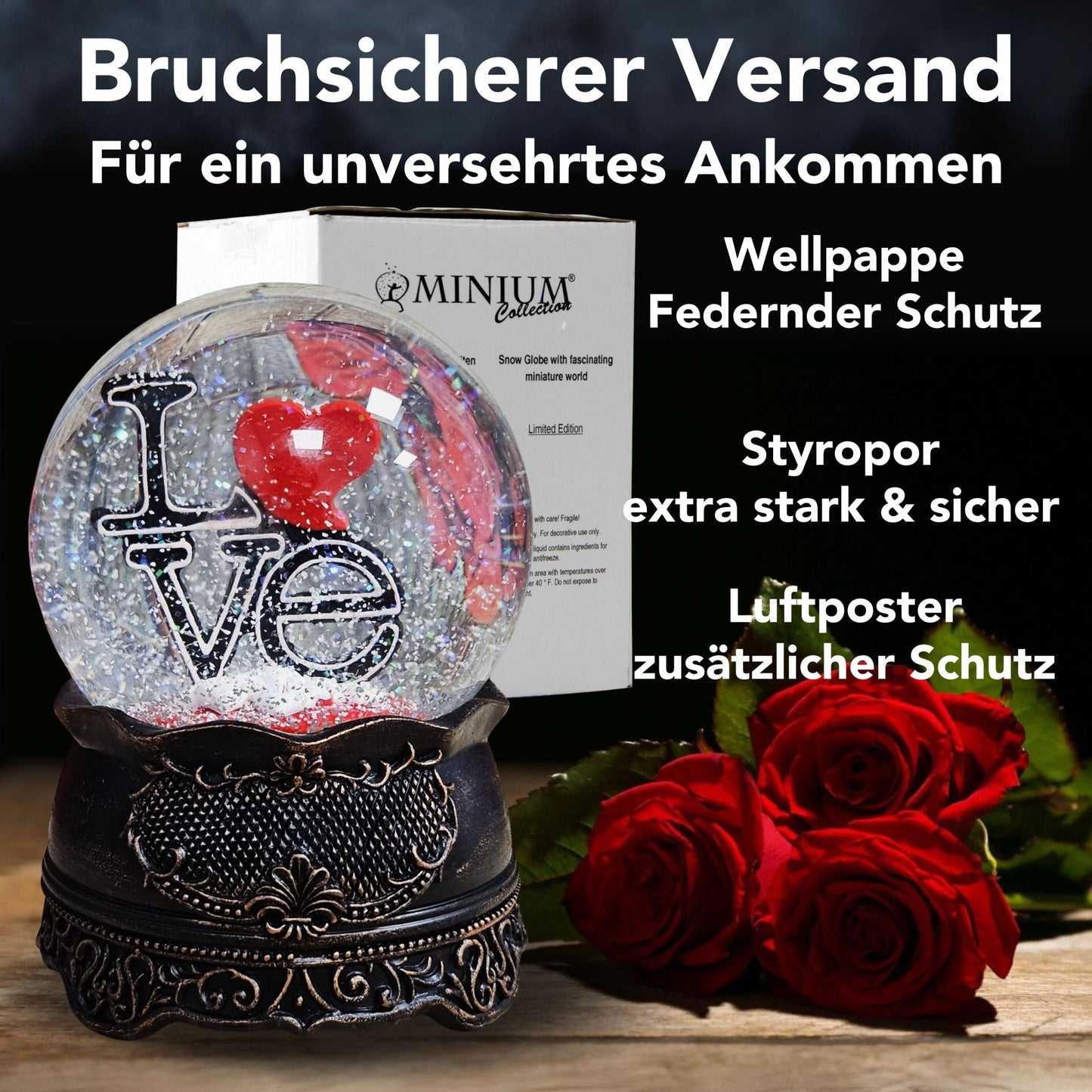 Moderne Designer Schneekugel LOVE auf Sockel Nostalgie mit Spieluhr 100 mm Durchmesser - Schneekugelhaus