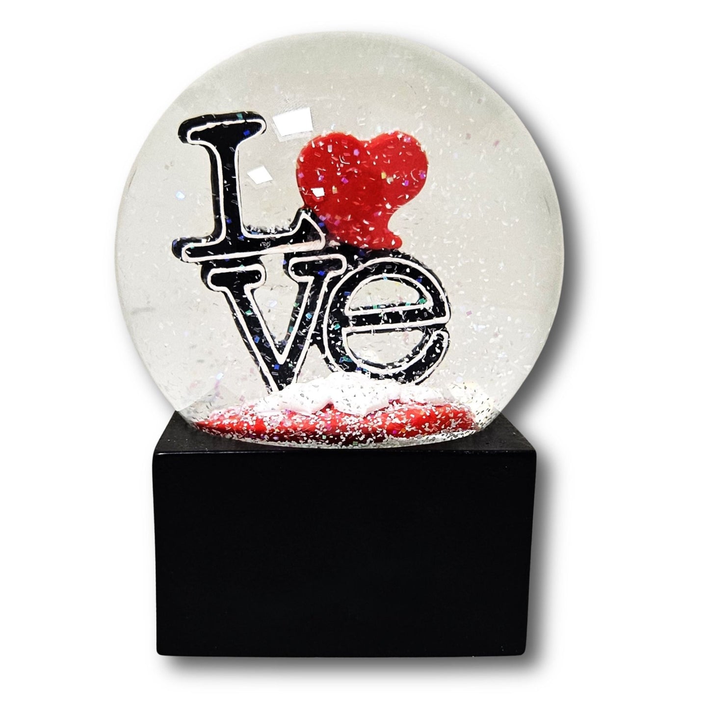 Moderne Designer Schneekugel LOVE auf Sockel schwarz eck 100 mm Durchmesser - Schneekugelhaus