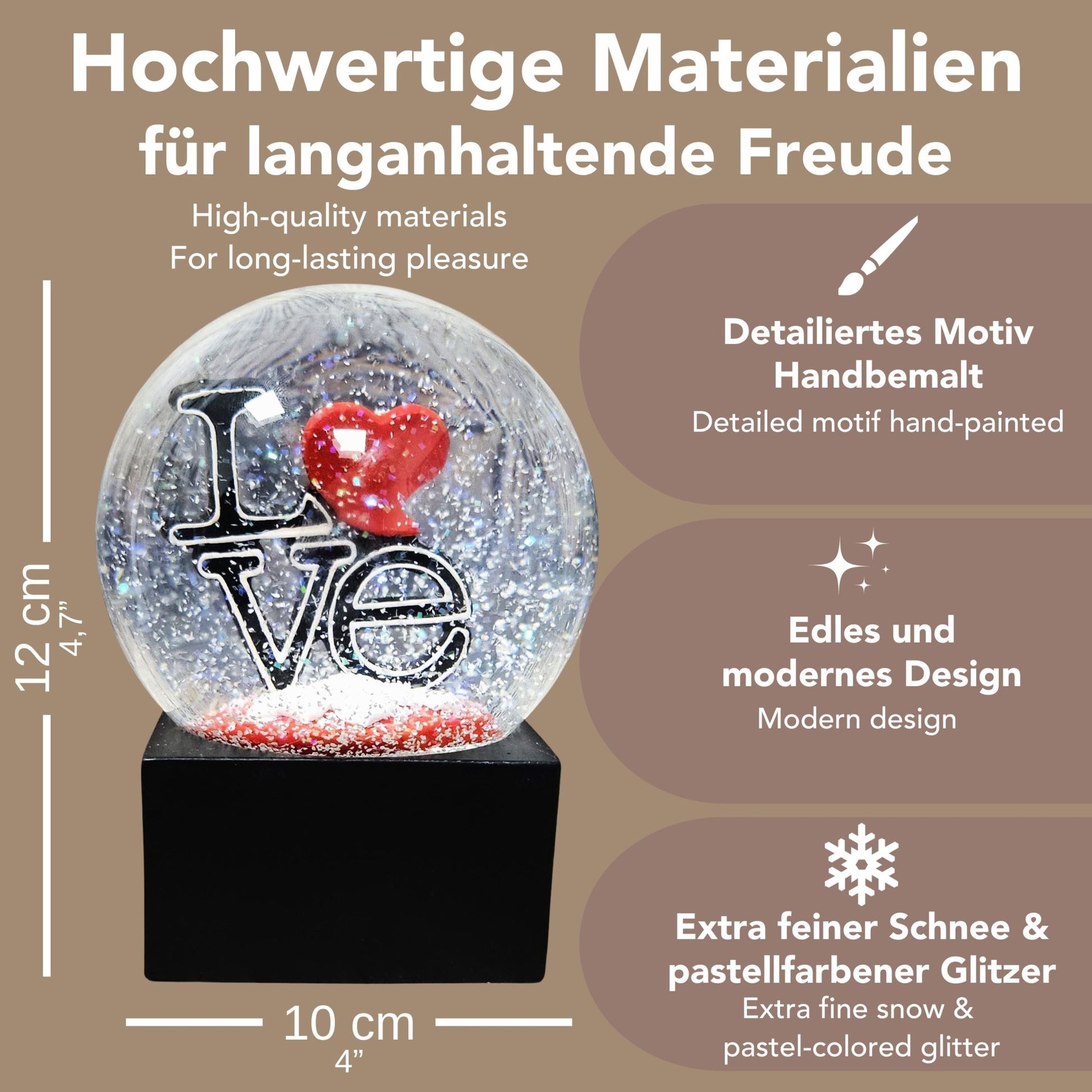 Moderne Designer Schneekugel LOVE auf Sockel schwarz eck 100 mm Durchmesser - Schneekugelhaus
