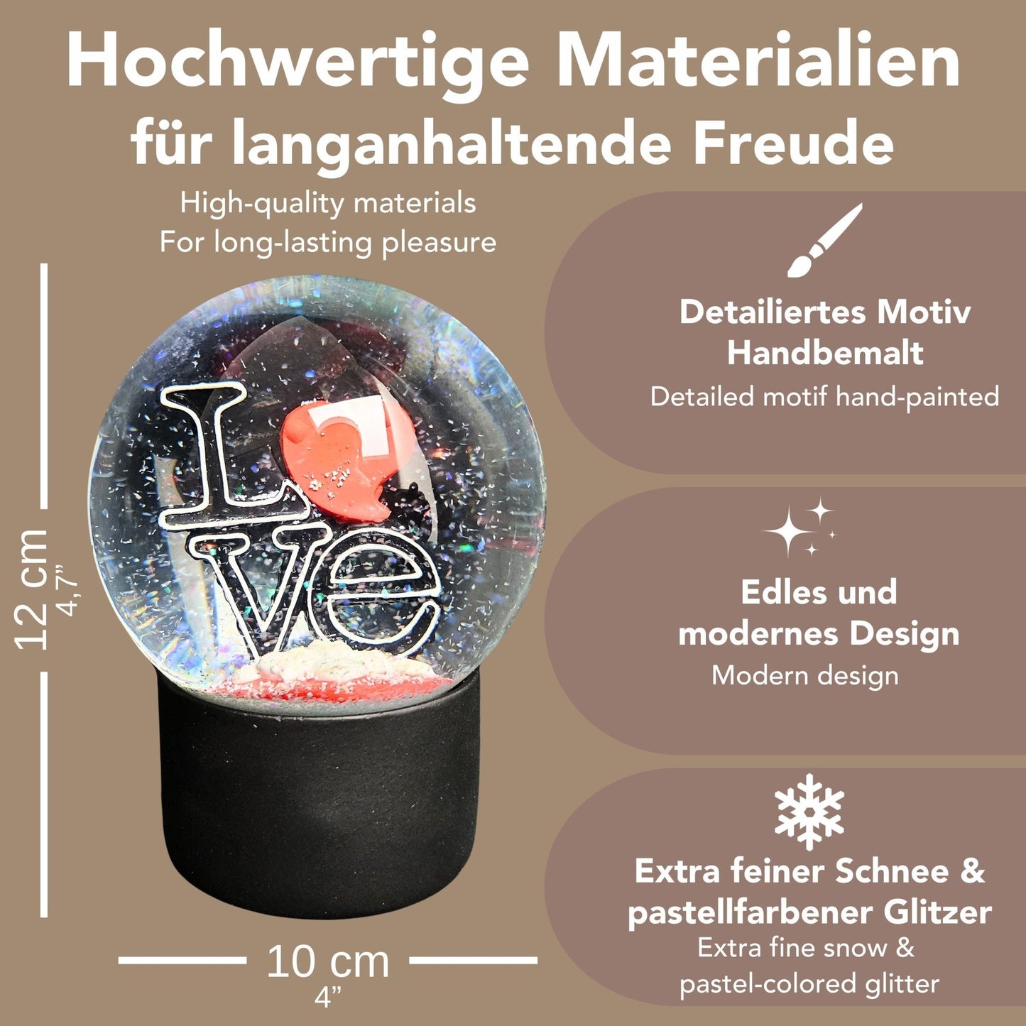 Moderne Designer Schneekugel LOVE auf Sockel schwarz rund 100 mm Durchmesser - Schneekugelhaus