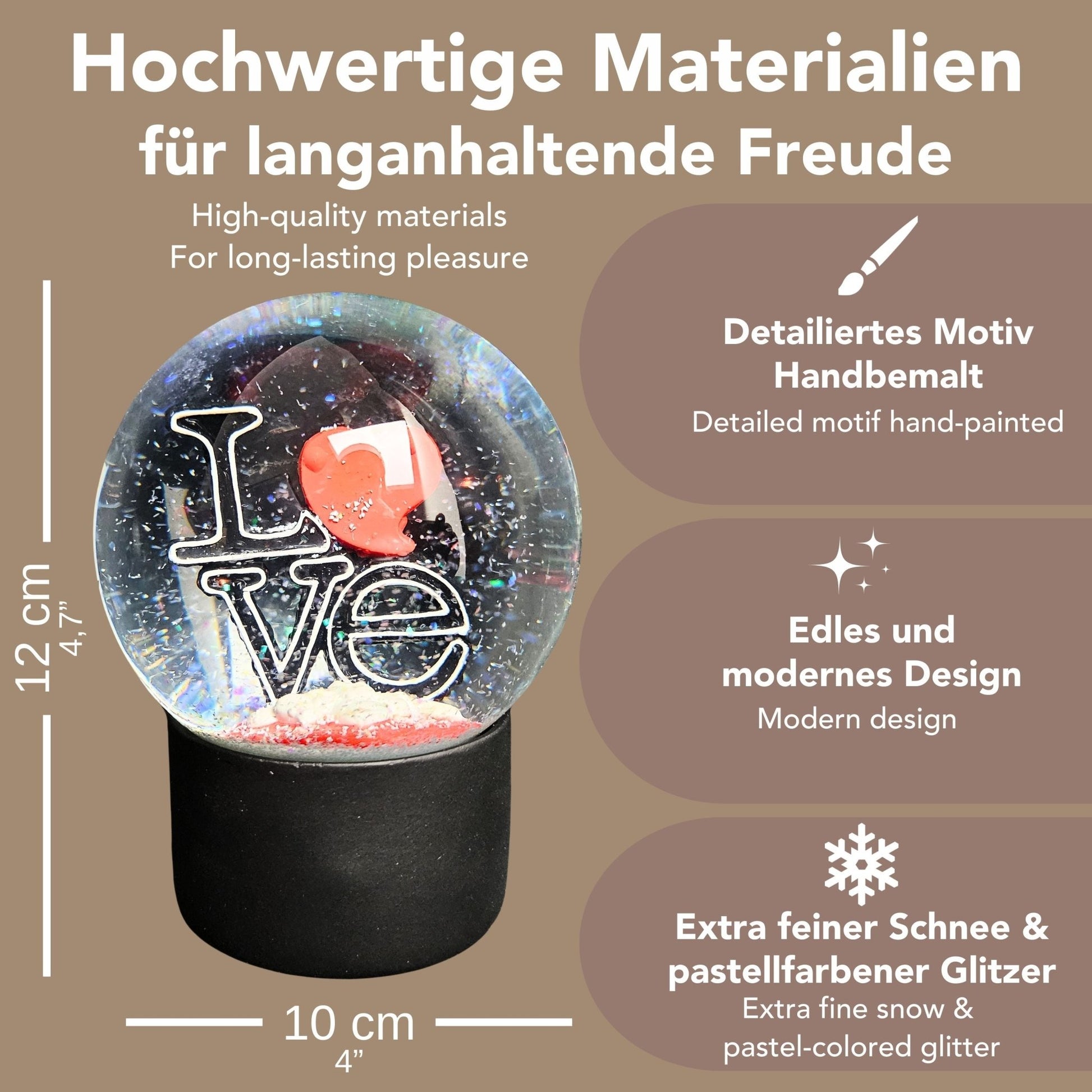 Moderne Designer Schneekugel LOVE auf Sockel schwarz rund 100 mm Durchmesser - Schneekugelhaus