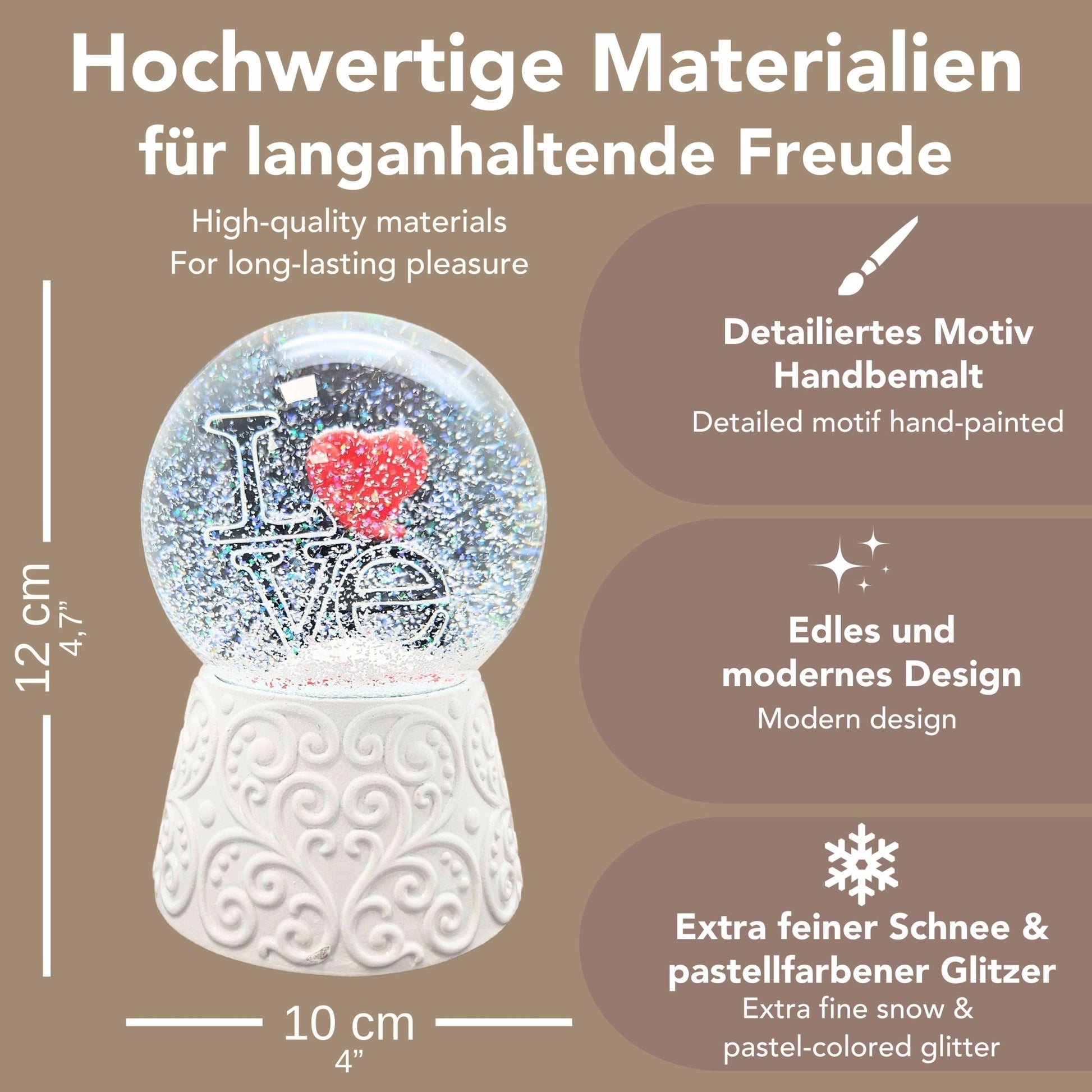 Moderne Designer Schneekugel LOVE auf Sockel weiß Ornamente mit Spieluhr 100 mm Durchmesser - Schneekugelhaus
