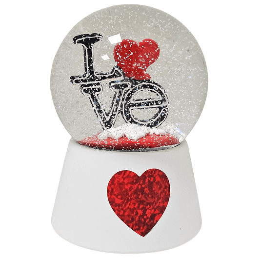 Moderne Designer Schneekugel LOVE auf Sockel weiß rotes Herz mit Spieluhr 100 mm Durchmesser - Schneekugelhaus