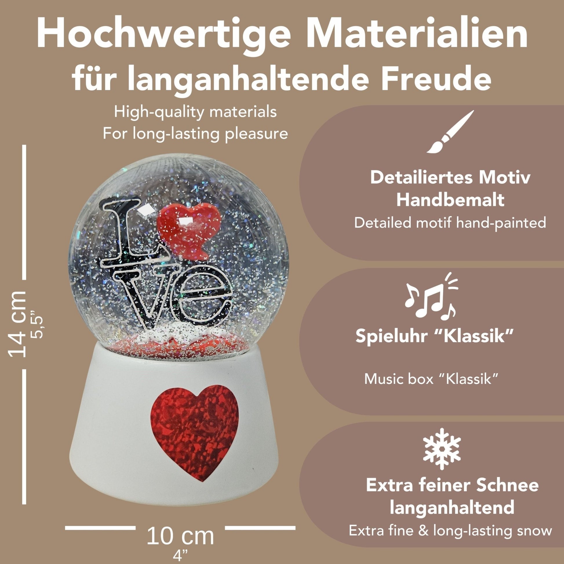 Moderne Designer Schneekugel LOVE auf Sockel weiß rotes Herz mit Spieluhr 100 mm Durchmesser - Schneekugelhaus