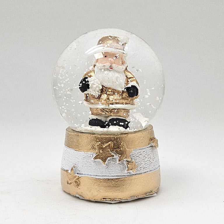 Moderne Mini - Schneekugel Weihnachtsmann gold weiß auf Sockel gold weiß Sterne B: 45mm - Schneekugelhaus