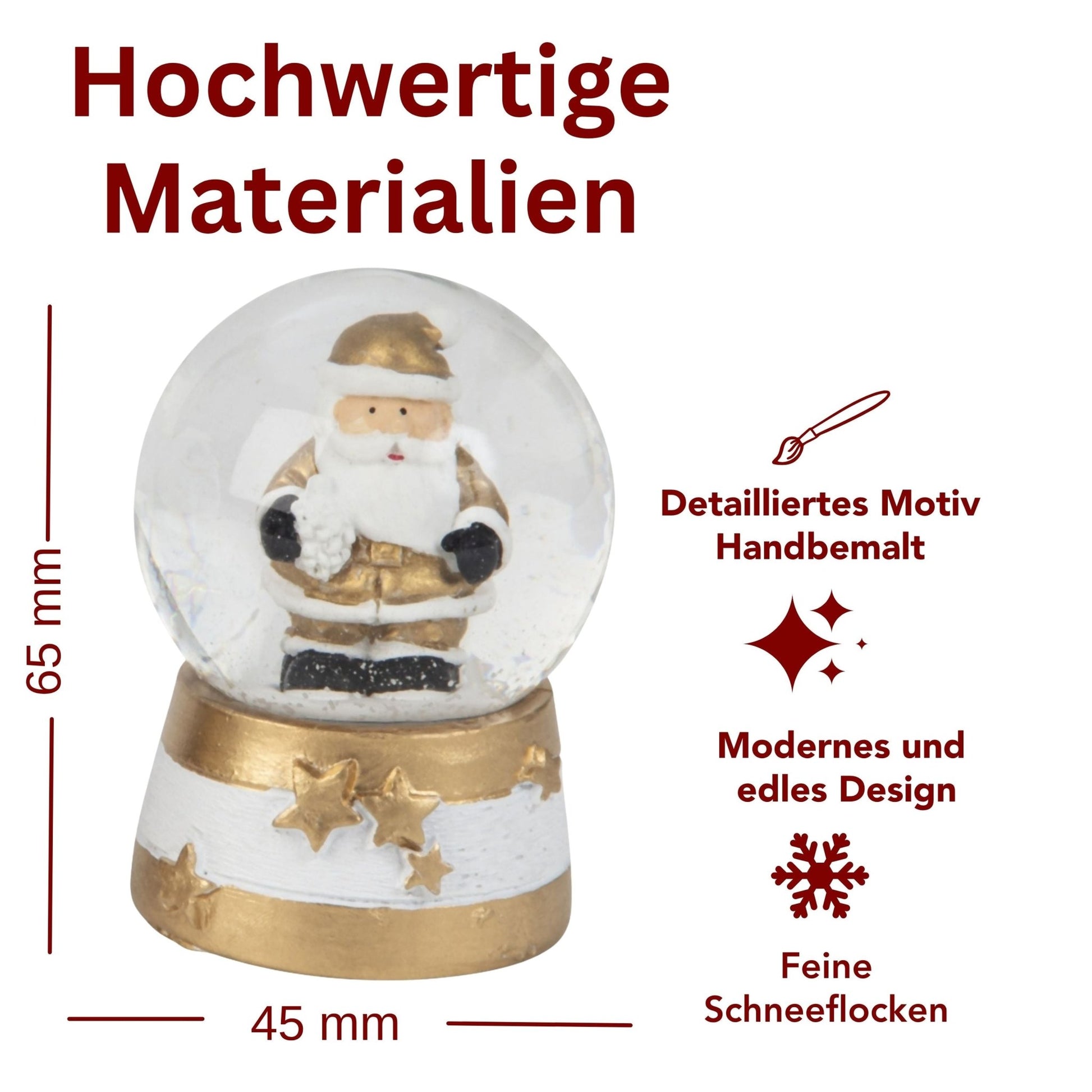 Moderne Mini - Schneekugel Weihnachtsmann gold weiß auf Sockel gold weiß Sterne B: 45mm - Schneekugelhaus