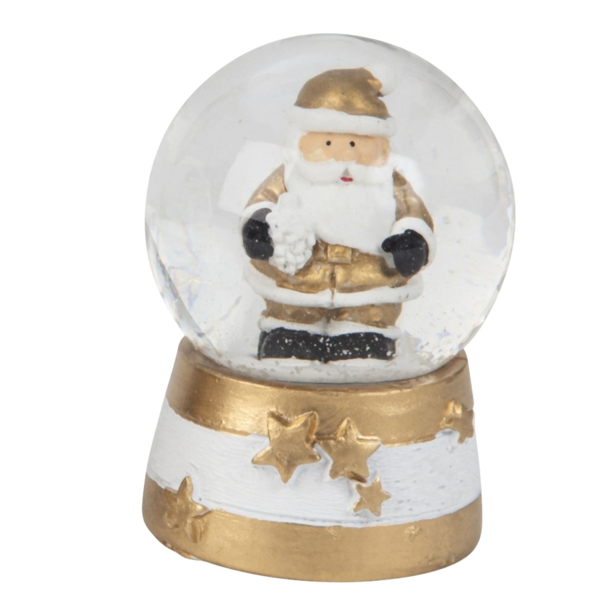 Moderne Mini - Schneekugel Weihnachtsmann gold weiß auf Sockel gold weiß Sterne B: 45mm - Schneekugelhaus