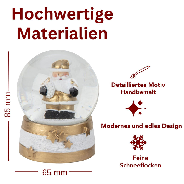 Moderne Mini - Schneekugel Weihnachtsmann gold weiß auf Sockel gold weiß Sterne B: 65mm - Schneekugelhaus