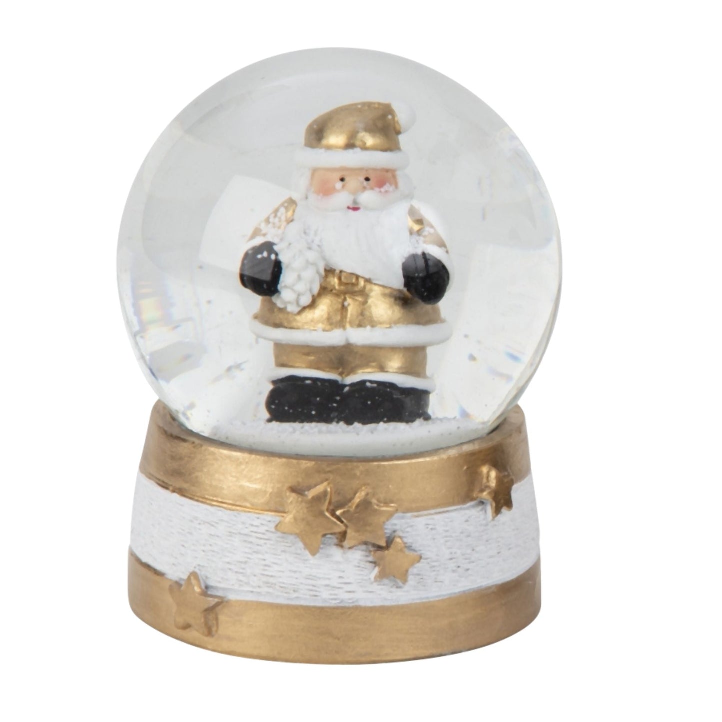 Moderne Mini - Schneekugel Weihnachtsmann gold weiß auf Sockel gold weiß Sterne B: 65mm - Schneekugelhaus
