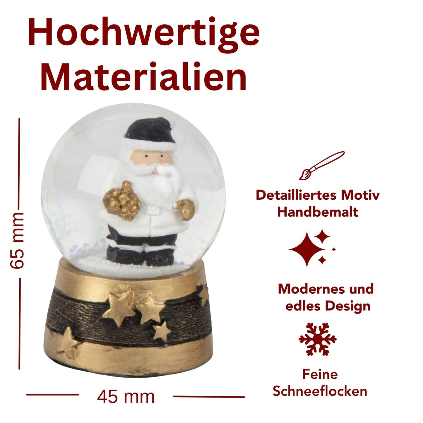 Moderne Mini - Schneekugel Weihnachtsmann schwarz weiß auf Sockel gold schwarz Sterne B: 45mm - Schneekugelhaus