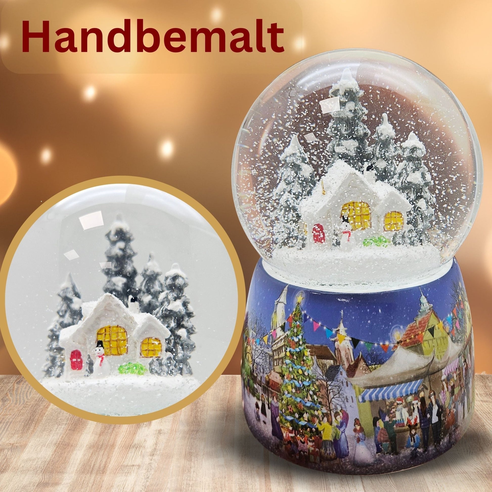 Nostalgie - Schneekugel mit Schneemann vor Hütte mit Spieluhr - 100mm Durchmesser - Schneekugelhaus
