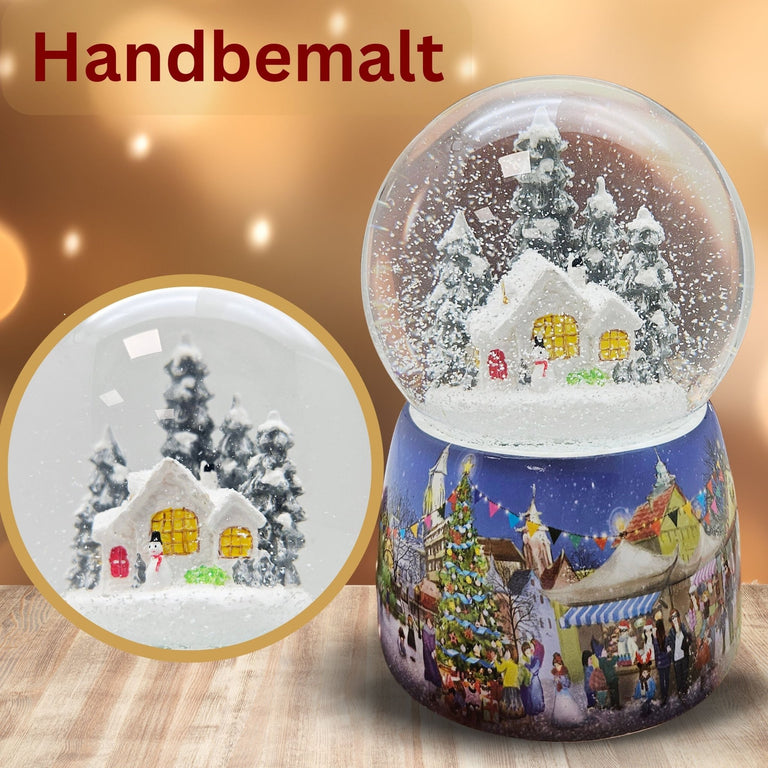 Nostalgie - Schneekugel mit Schneemann vor Hütte mit Spieluhr - 100mm Durchmesser - Schneekugelhaus