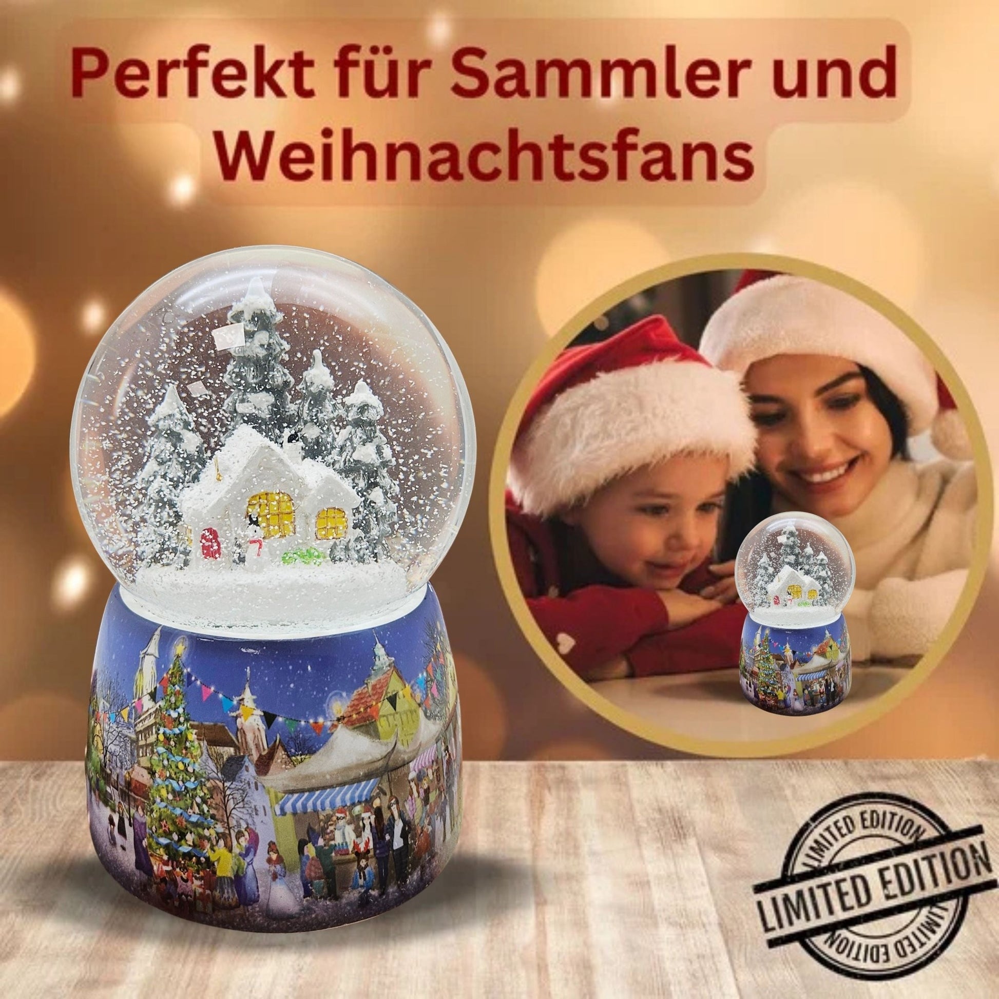 Nostalgie - Schneekugel mit Schneemann vor Hütte mit Spieluhr - 100mm Durchmesser - Schneekugelhaus