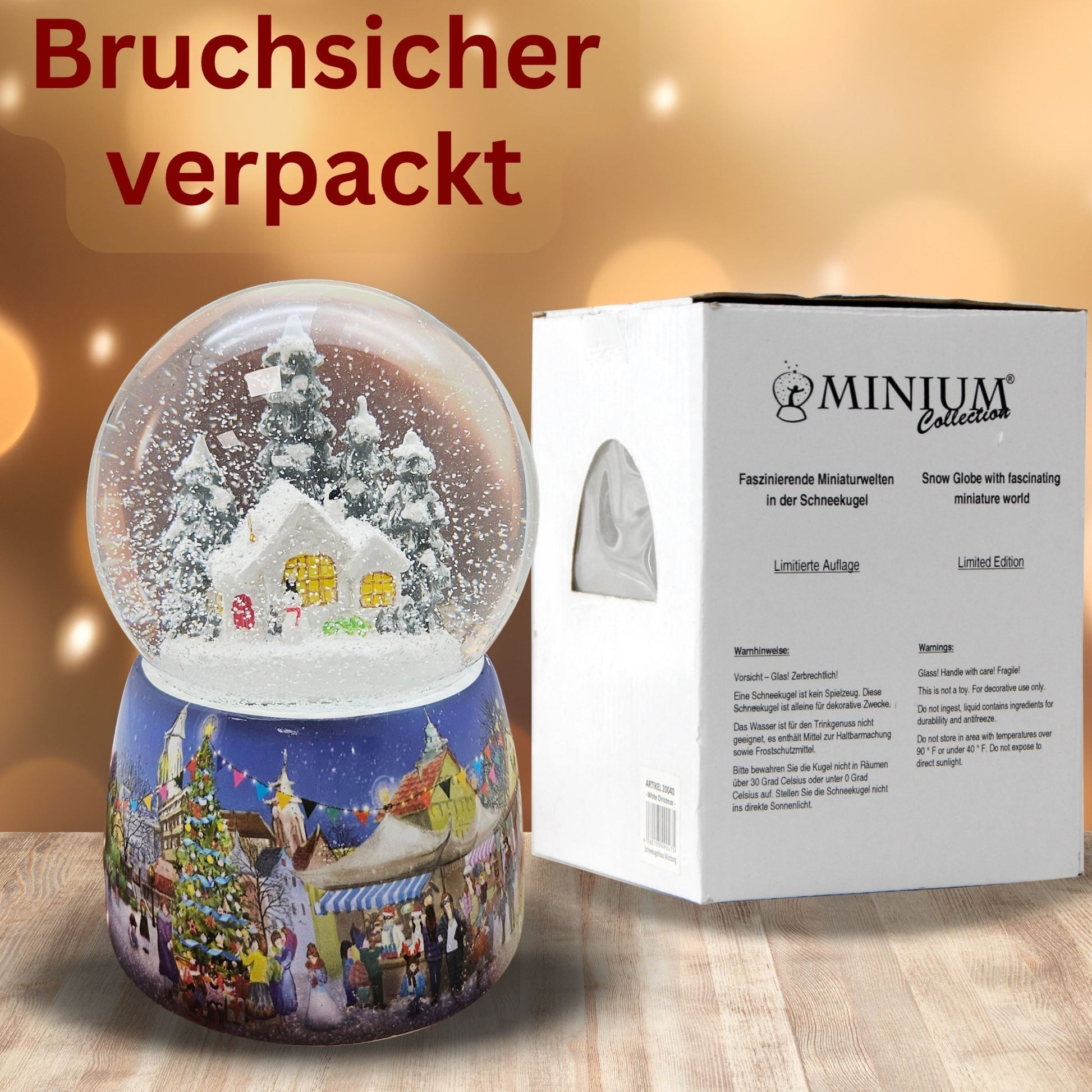 Nostalgie - Schneekugel mit Schneemann vor Hütte mit Spieluhr - 100mm Durchmesser - Schneekugelhaus