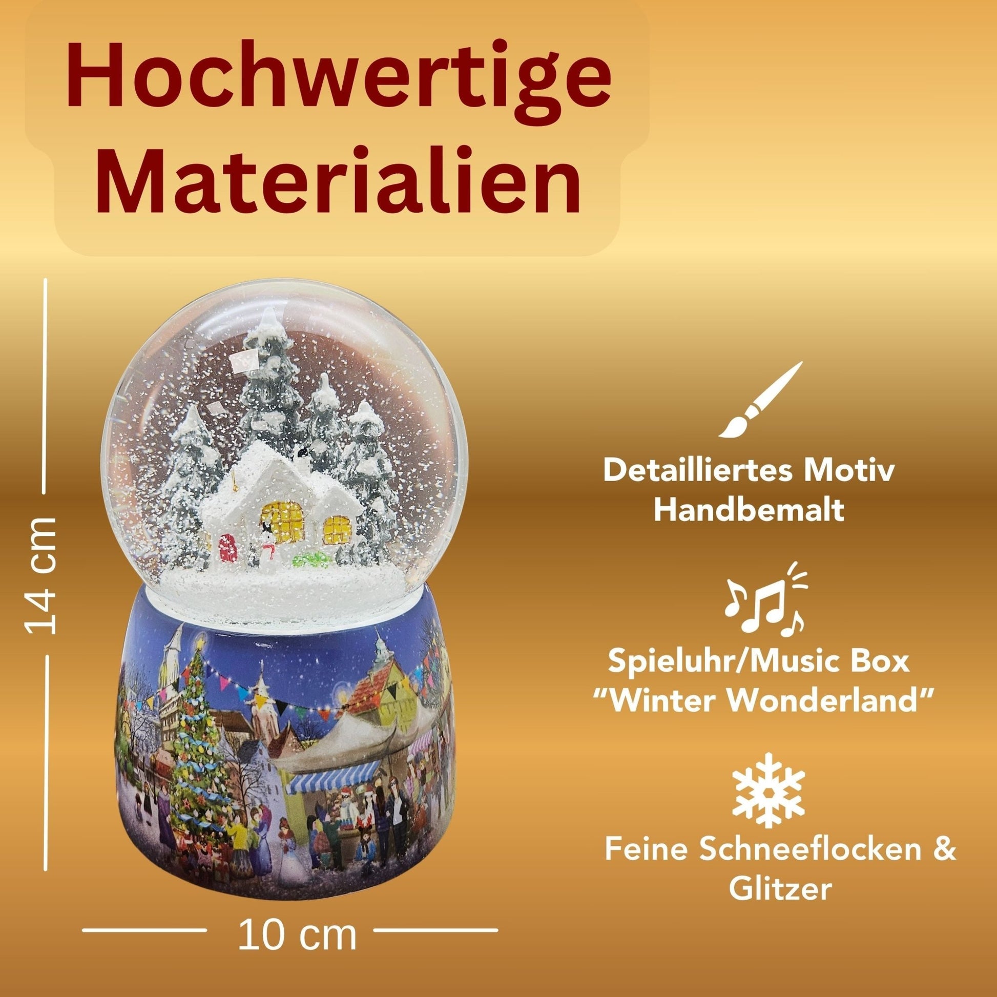 Nostalgie - Schneekugel mit Schneemann vor Hütte mit Spieluhr - 100mm Durchmesser - Schneekugelhaus