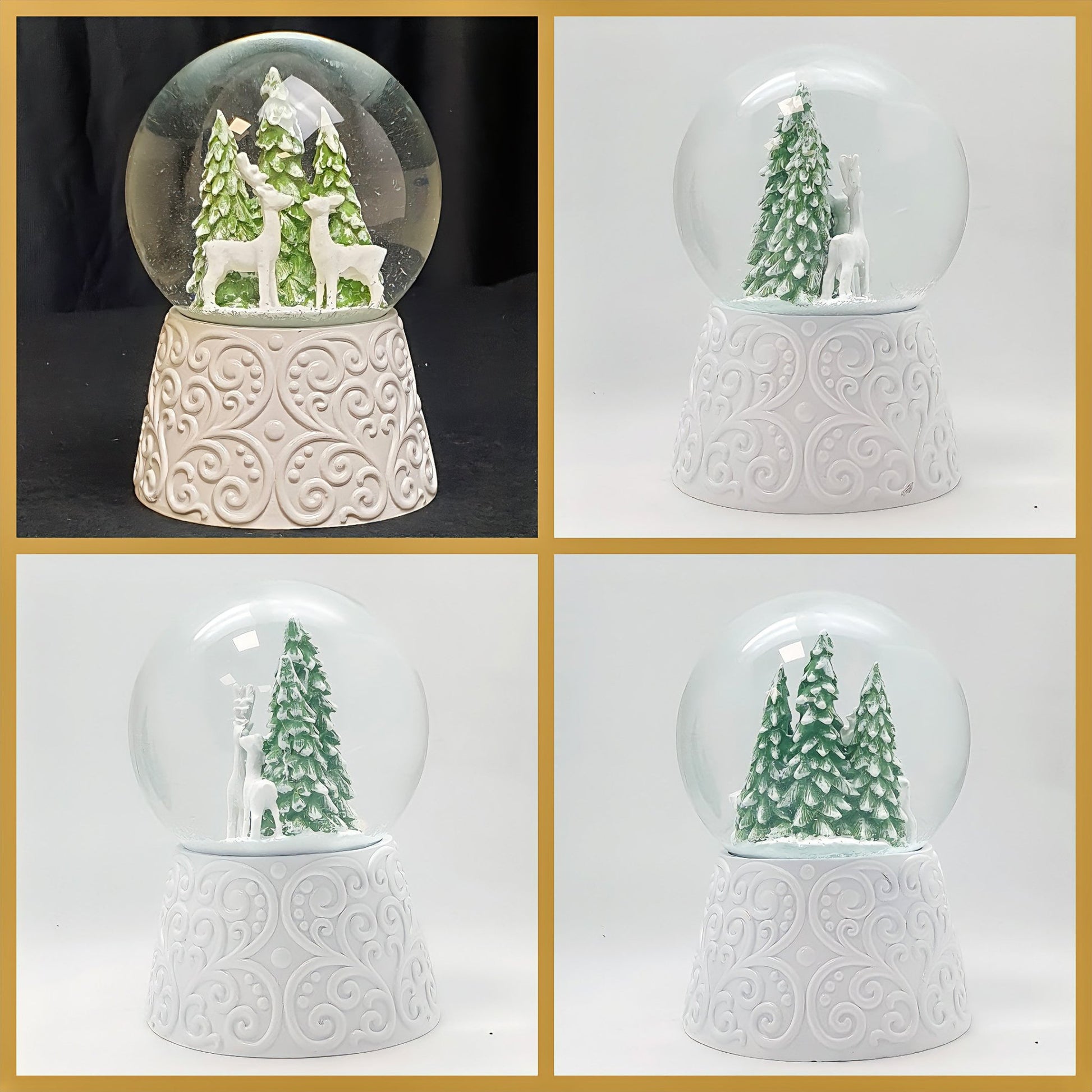 Nostalgische Schneekugel 2 Rehe auf Sockel weiß Ornamente 100 mm Durchmesser mit Spieluhr - Schneekugelhaus