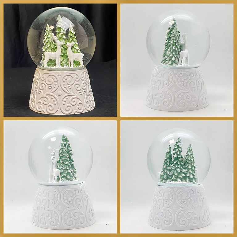 Nostalgische Schneekugel 2 Rehe auf Sockel weiß Ornamente 100 mm Durchmesser mit Spieluhr - Schneekugelhaus