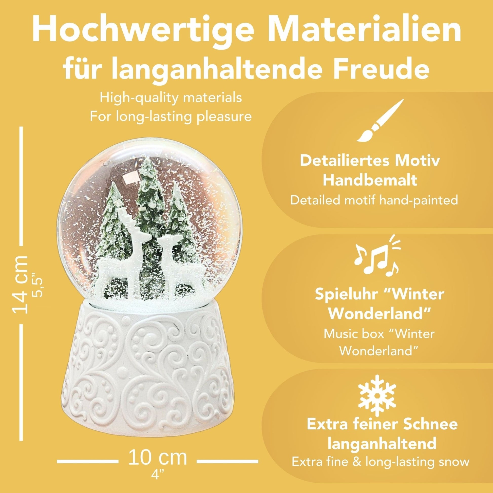 Nostalgische Schneekugel 2 Rehe auf Sockel weiß Ornamente 100 mm Durchmesser mit Spieluhr - Schneekugelhaus