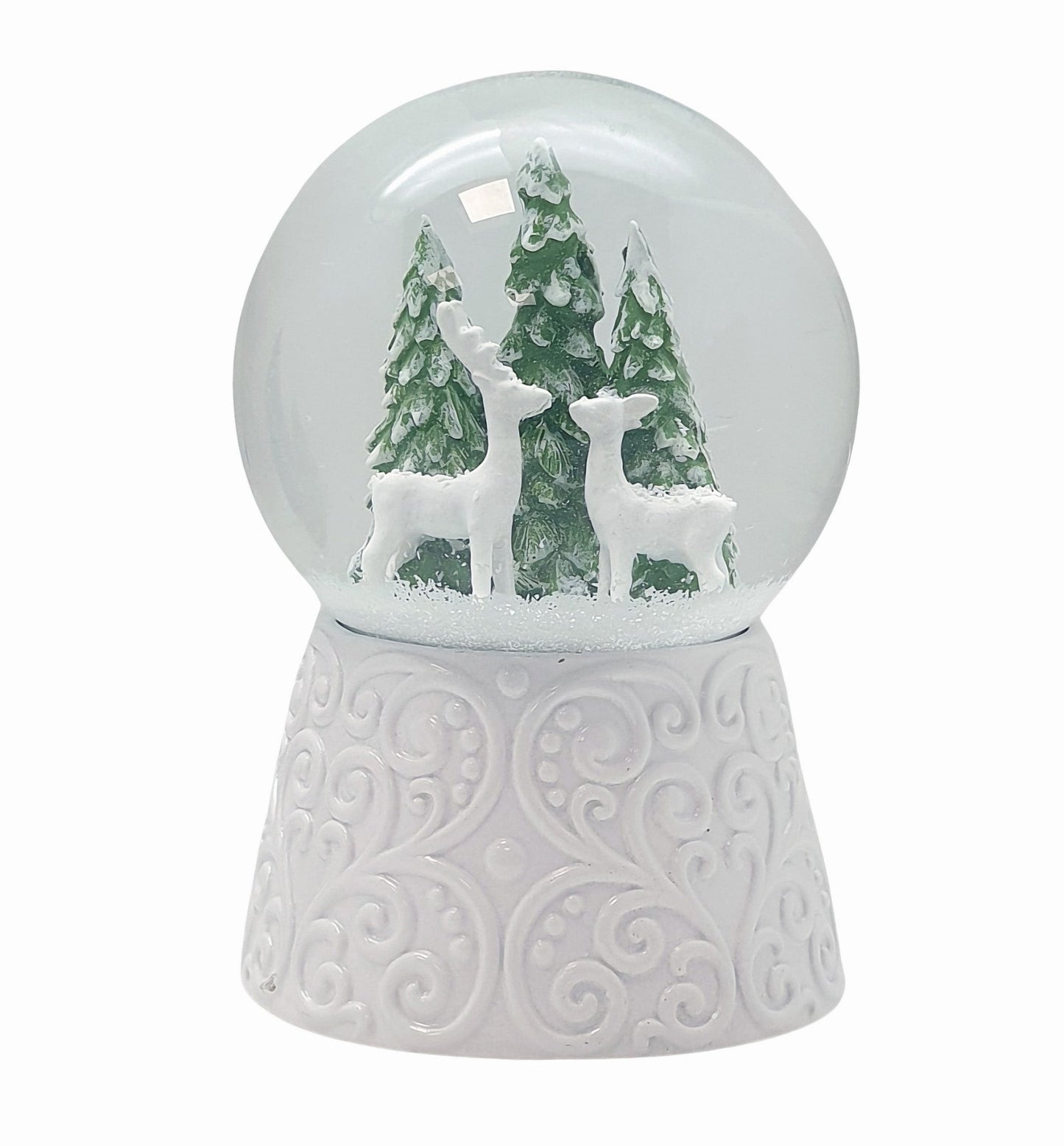 Nostalgische Schneekugel 2 Rehe auf Sockel weiß Ornamente 100 mm Durchmesser mit Spieluhr - Schneekugelhaus