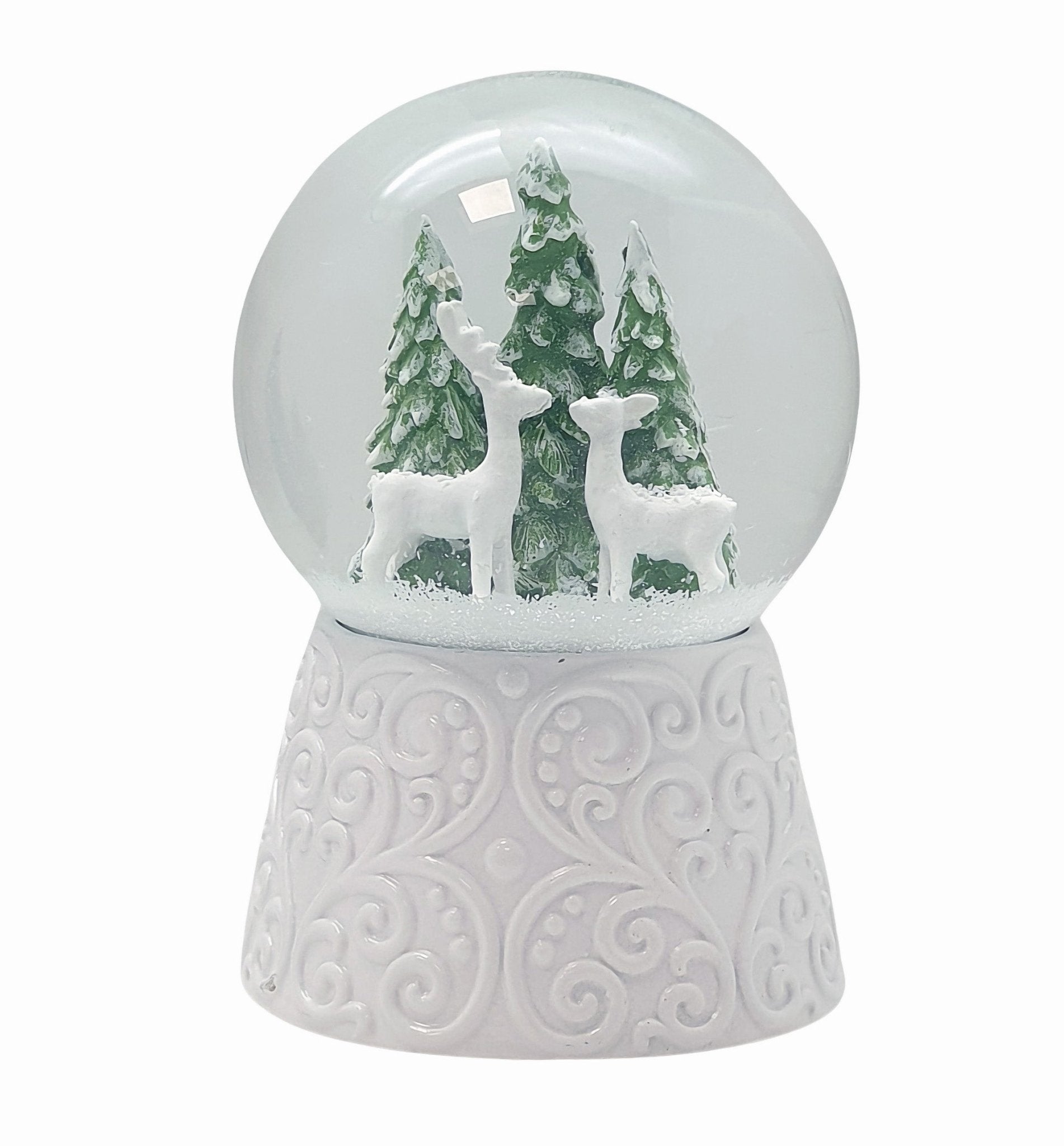 Nostalgische Schneekugel 2 Rehe auf Sockel weiß Ornamente 100 mm Durchmesser mit Spieluhr - Schneekugelhaus