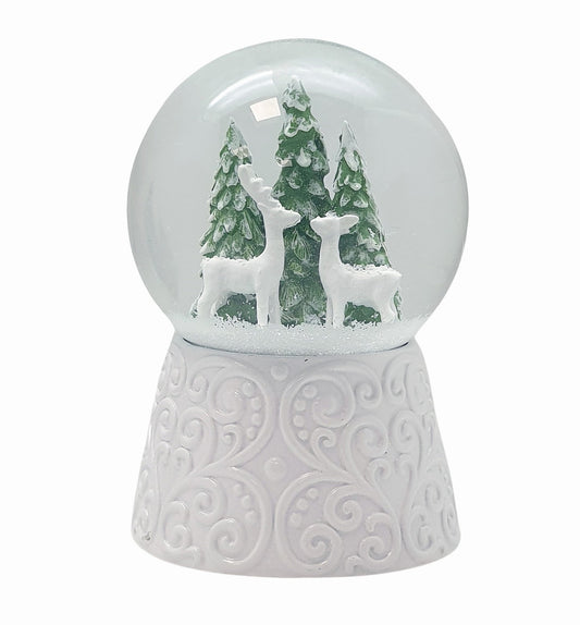 Nostalgische Schneekugel 2 Rehe auf Sockel weiß Ornamente 100 mm Durchmesser mit Spieluhr - Schneekugelhaus