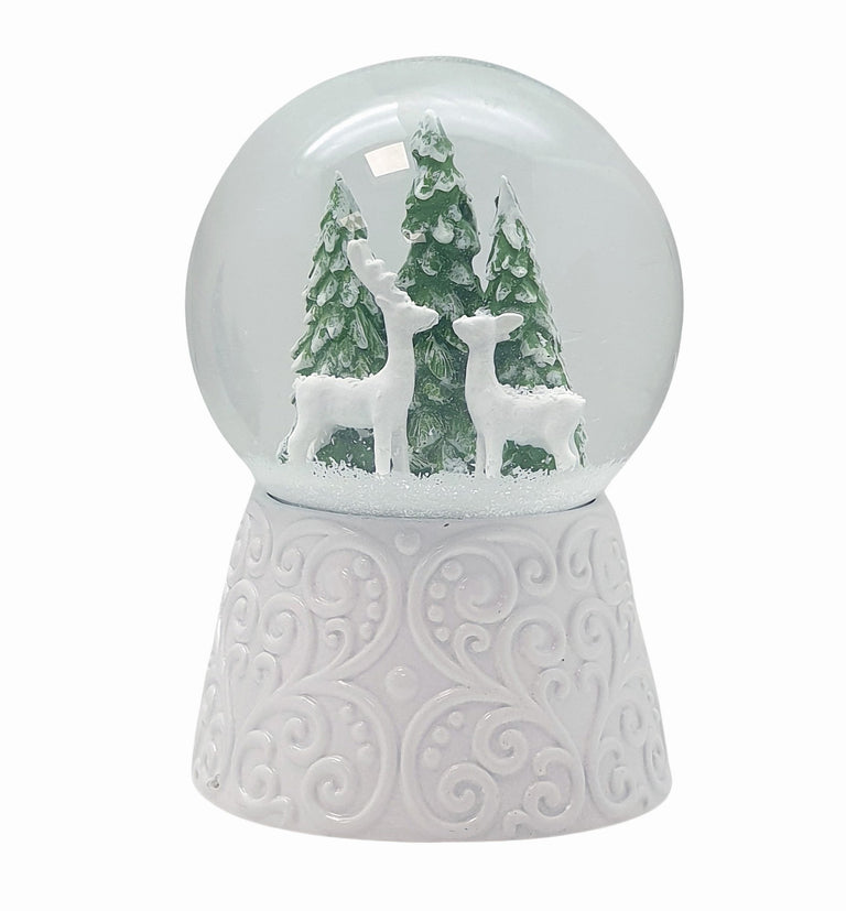Nostalgische Schneekugel 2 Rehe auf Sockel weiß Ornamente 100 mm Durchmesser mit Spieluhr - Schneekugelhaus