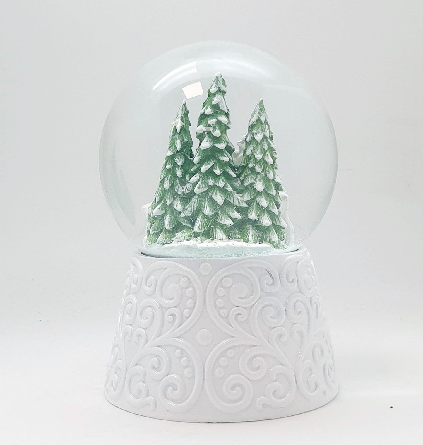 Nostalgische Schneekugel 2 Rehe auf Sockel weiß Ornamente 100 mm Durchmesser mit Spieluhr - Schneekugelhaus