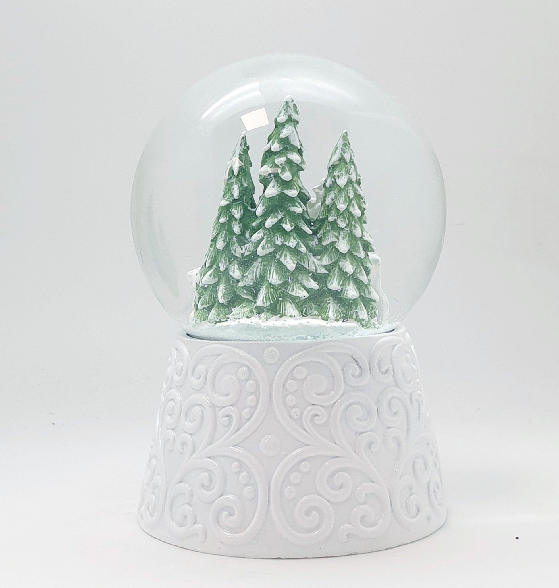 Nostalgische Schneekugel 2 Rehe auf Sockel weiß Ornamente 100 mm Durchmesser mit Spieluhr - Schneekugelhaus